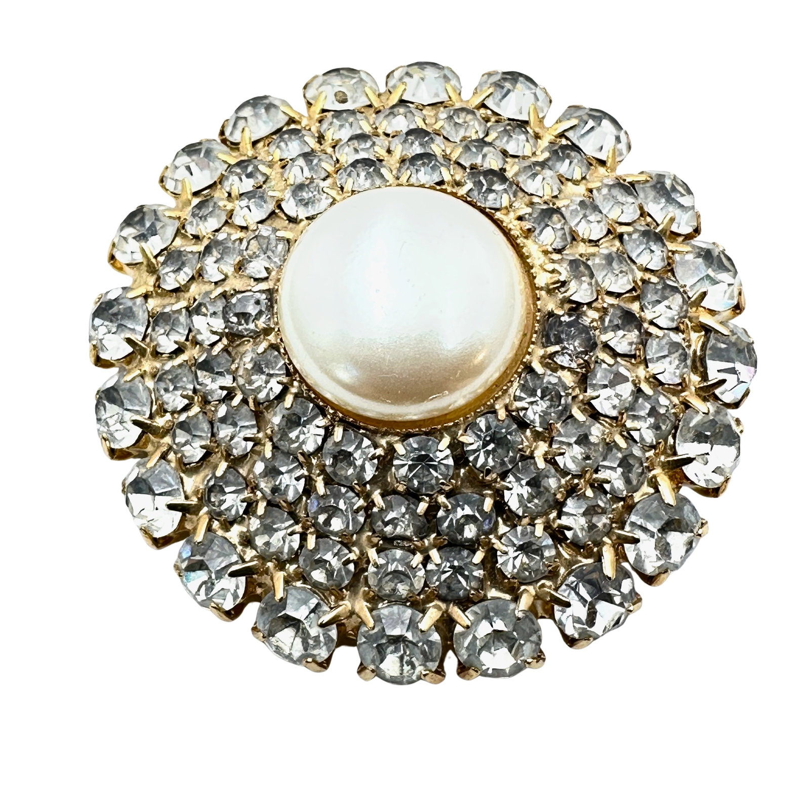 Vintage Clear Glass Rhinestone Faux Pearl Gold Tone Brooch Pin 2 Inch: Vintage Clear Glass Rhinestone Faux Pearl Gold Tone Brooch Pin 2 Inch
