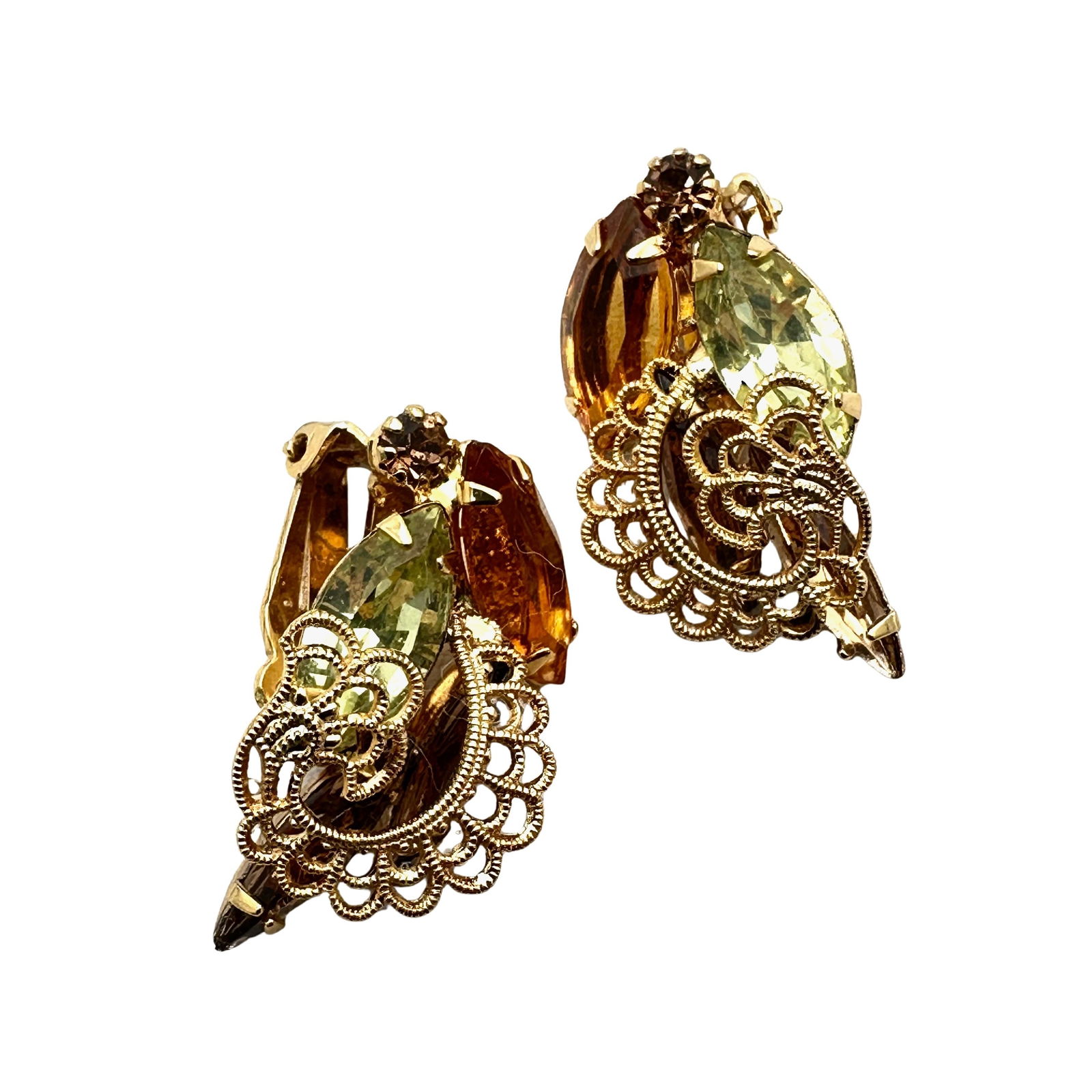 Vintage Alice Caviness Amber Yellow Glass Rhinestone Gold Tone Filigree Clip Earrings 1.25 Inch: Vintage Alice Caviness Amber Yellow Glass Rhinestone Gold Tone Filigree Clip Earrings 1.25 Inch