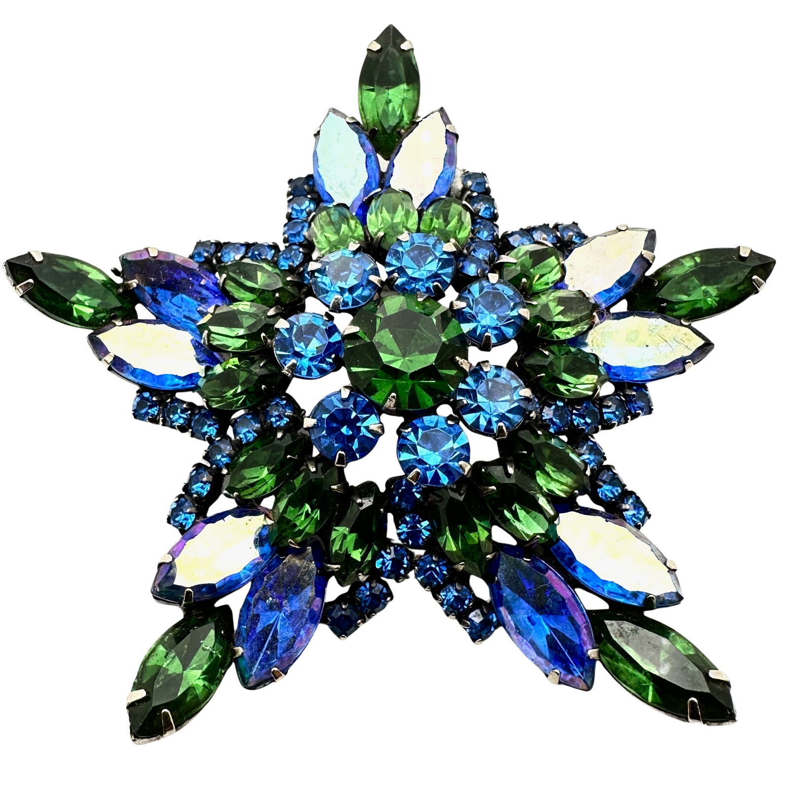 Vintage Kramer Blue Green Glass Rhinestone Large Silver Tone Star Brooch Pin 3 Inch (1 of 2)