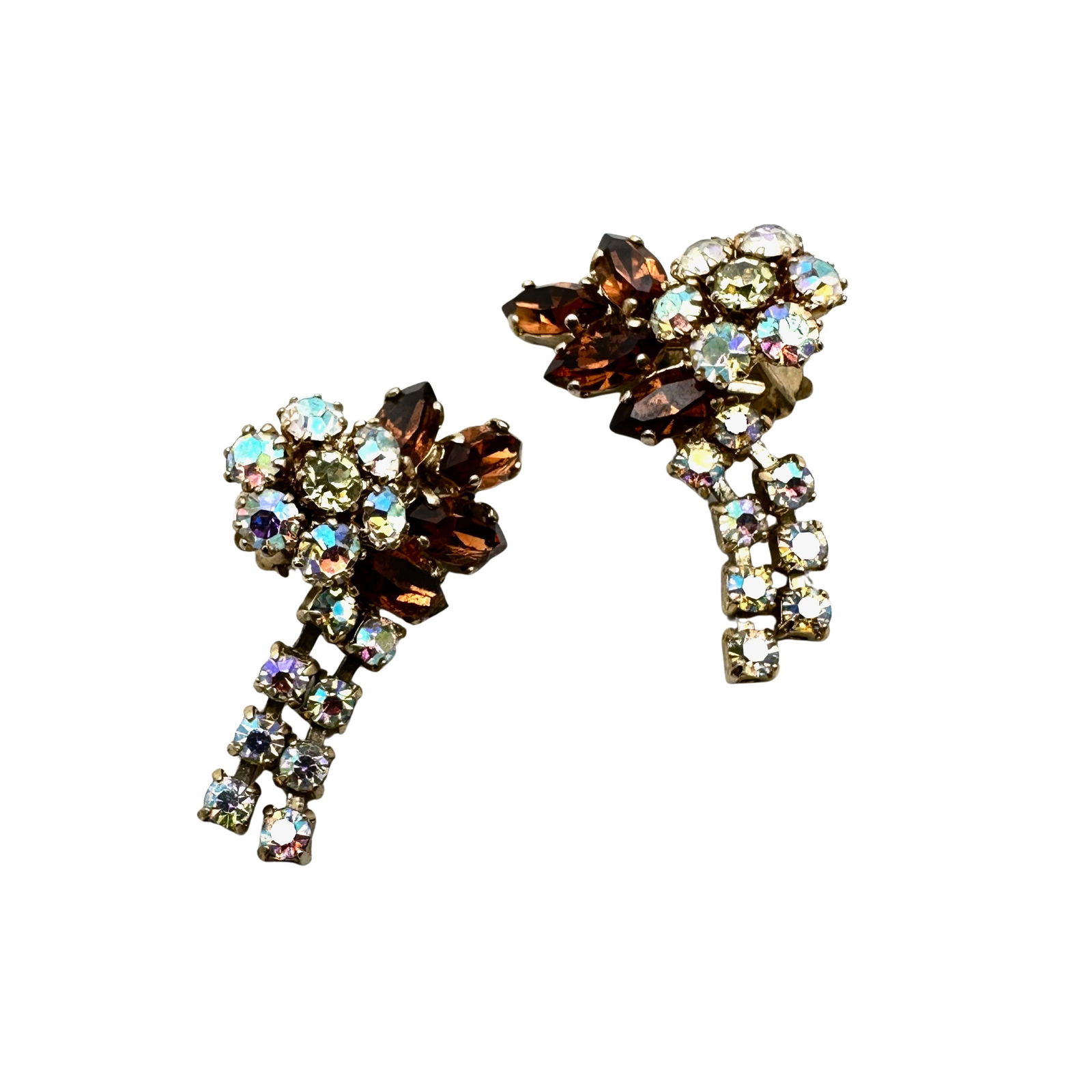 Vintage Triad Amber Glass Rhinestone Gold Tone Clip Earrings 1.25 Inch: Vintage Triad Amber Glass Rhinestone Gold Tone Clip Earrings 1.25 Inch