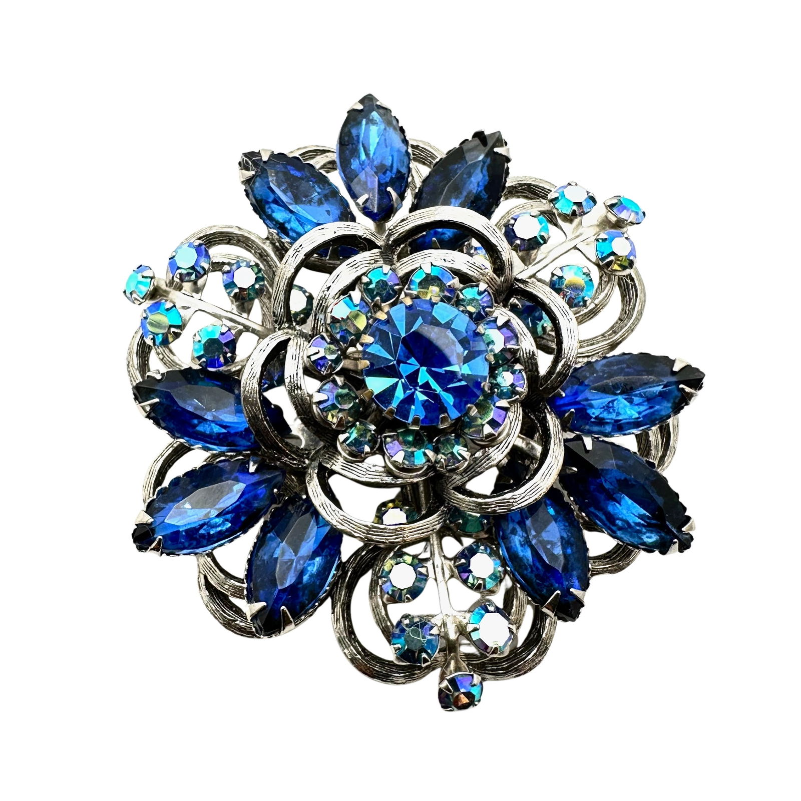Vintage Selini Blue Glass Rhinestone Silver Tone Brooch Pins 2.5 Inch (1 of 2)