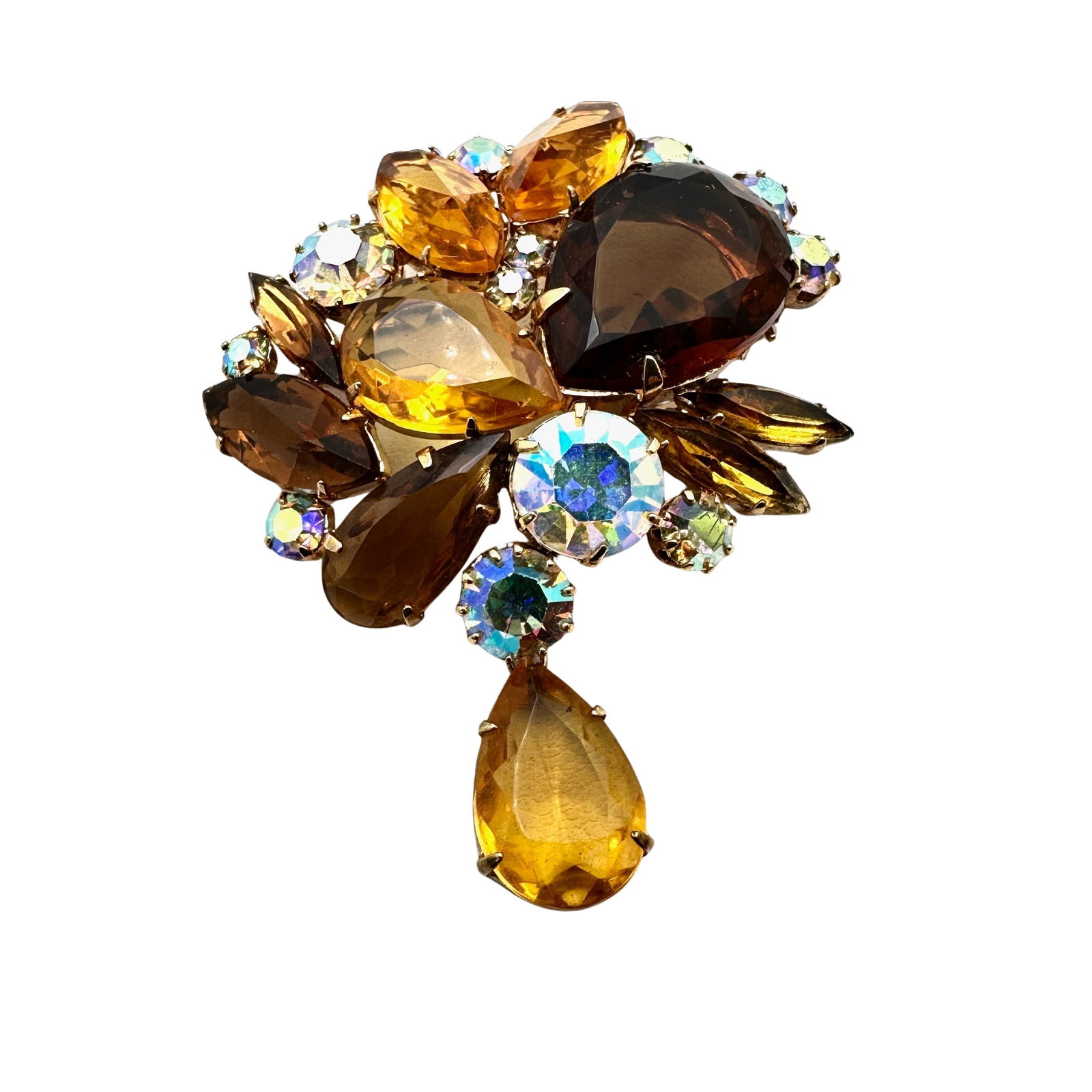 Vintage Hattie Carnegie Amber Glass Rhinestone Gold Tone Brooch Pin 2.5 Inch (1 of 2)