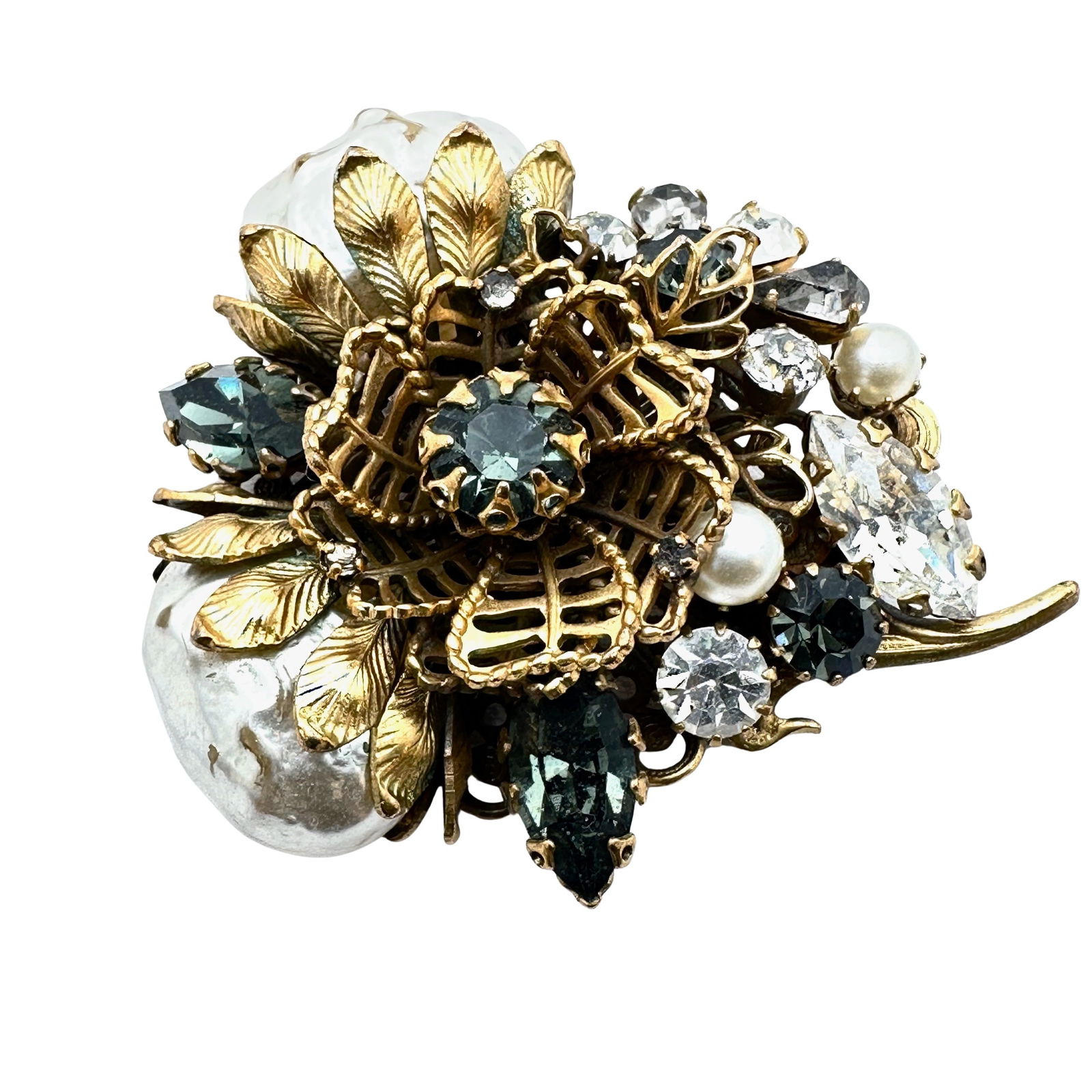 Vintage Vendome Baroque Pearl Grey Glass Rhinestone Gold Tone Flower Brooch Pin 2 Inch (1 of 2)