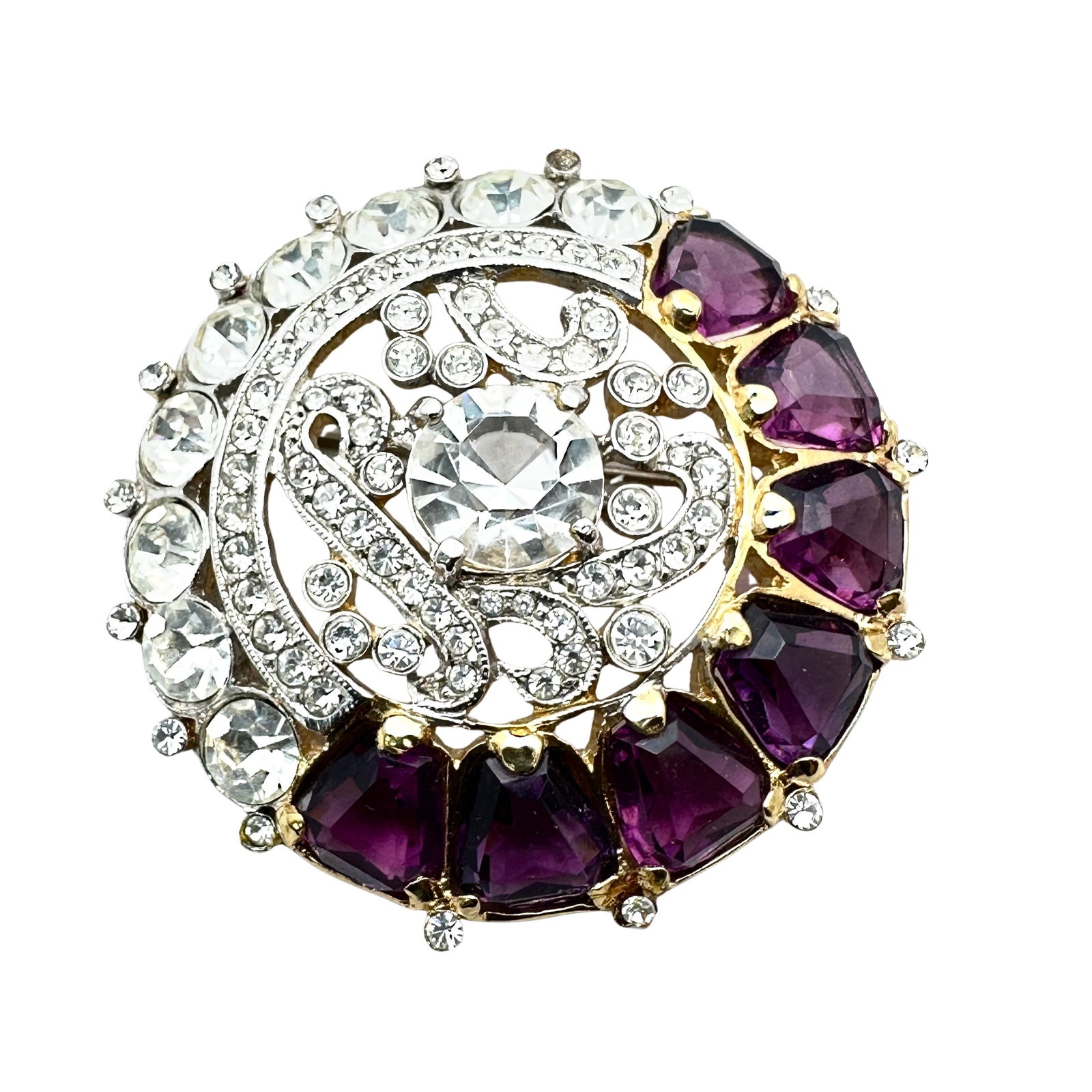 Vintage Joseph Weisner New York Purple And Clear Glass Rhinestone Gold Tone Brooch Pin 2 Inch: Vintage Joseph Weisner New York Purple And Clear Glass Rhinestone Gold Tone Brooch Pin 2 Inch