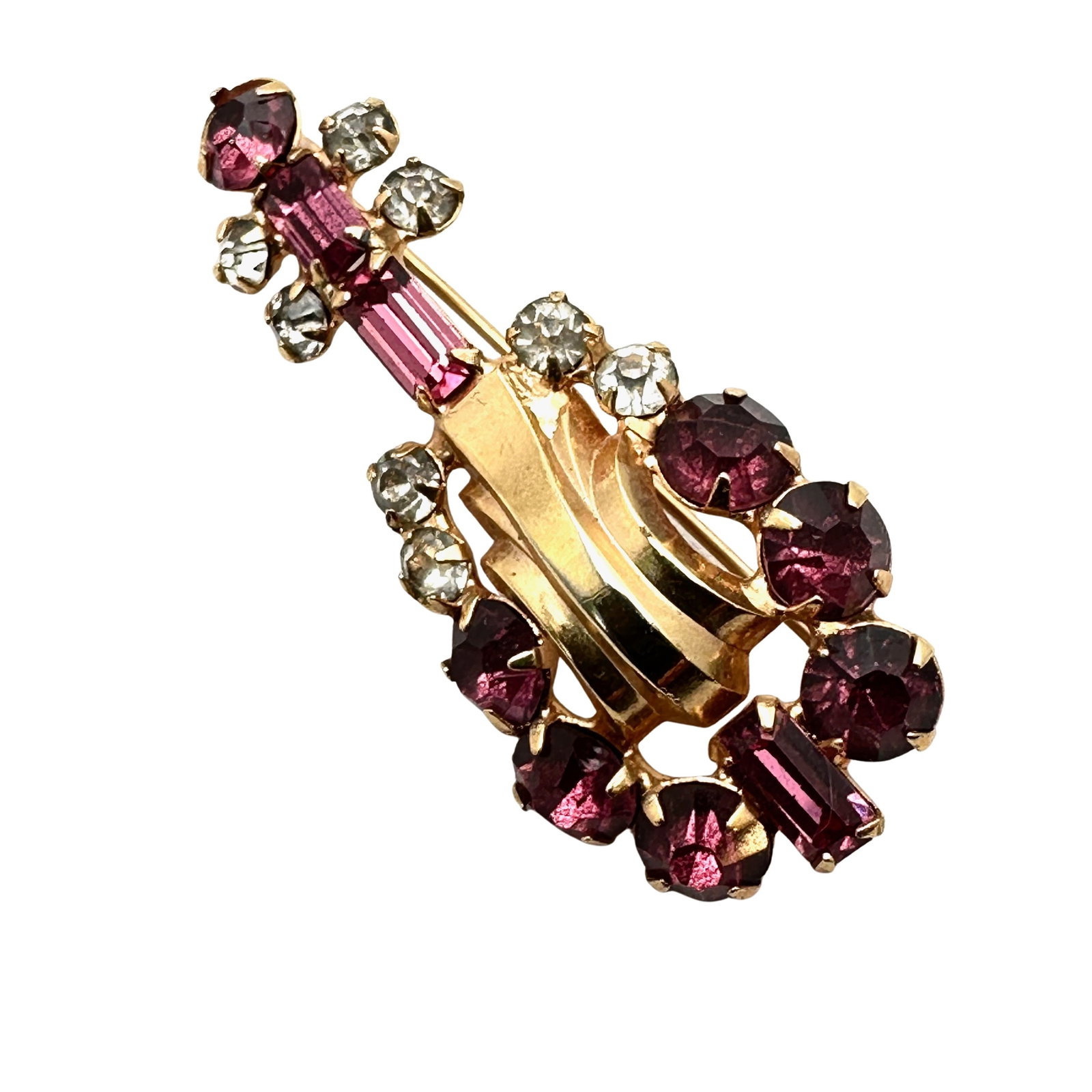Vintage Purple Glass Rhinestone Gold Tone Musical Instrument Brooch Pin 2 Inch: Vintage Purple Glass Rhinestone Gold Tone Musical Instrument Brooch Pin 2 Inch