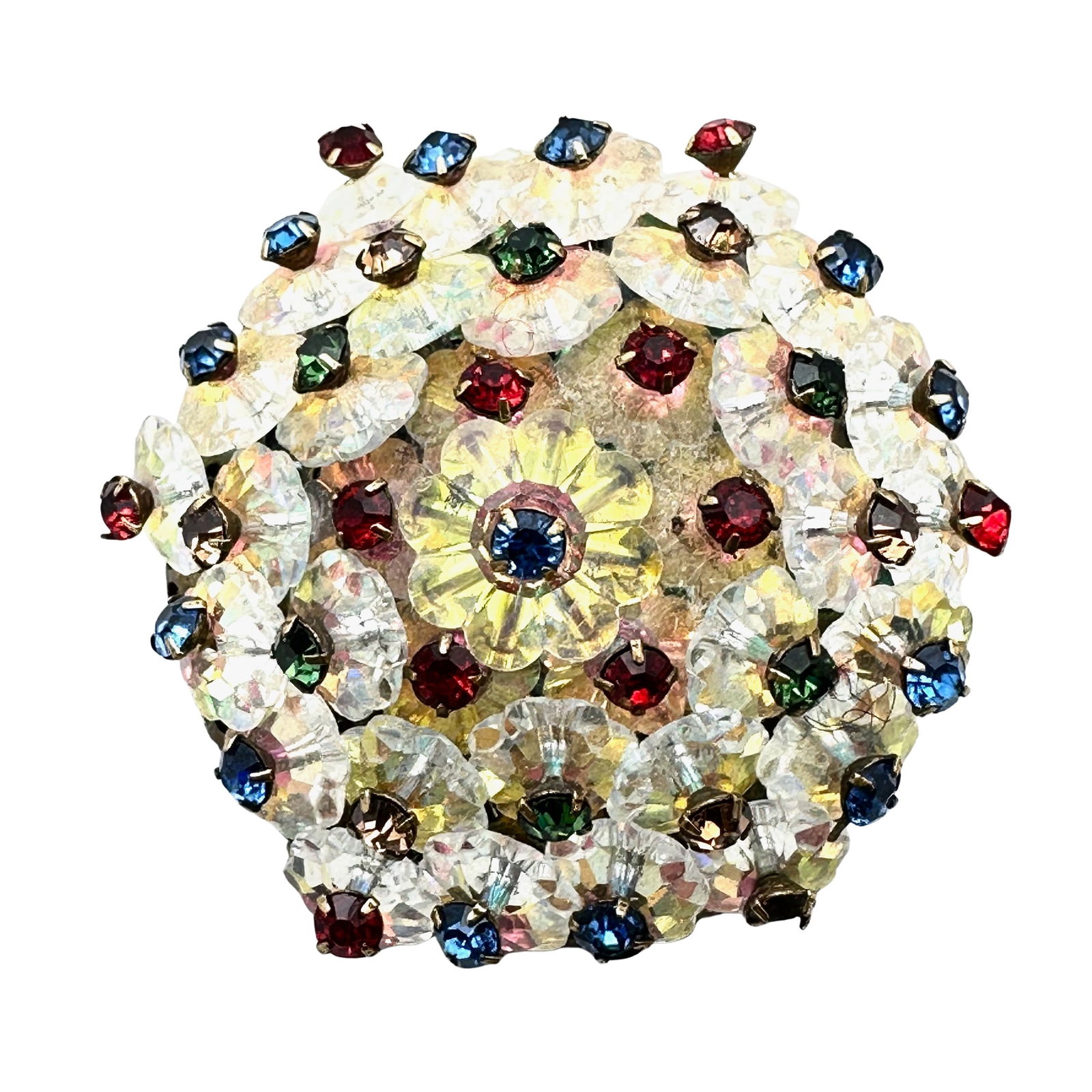 Vintage Unsigned Multicolor Glass Rhinestone Flower Crystal Bead Wired Silver Tone Brooch Pin 1.5 (1 of 2)