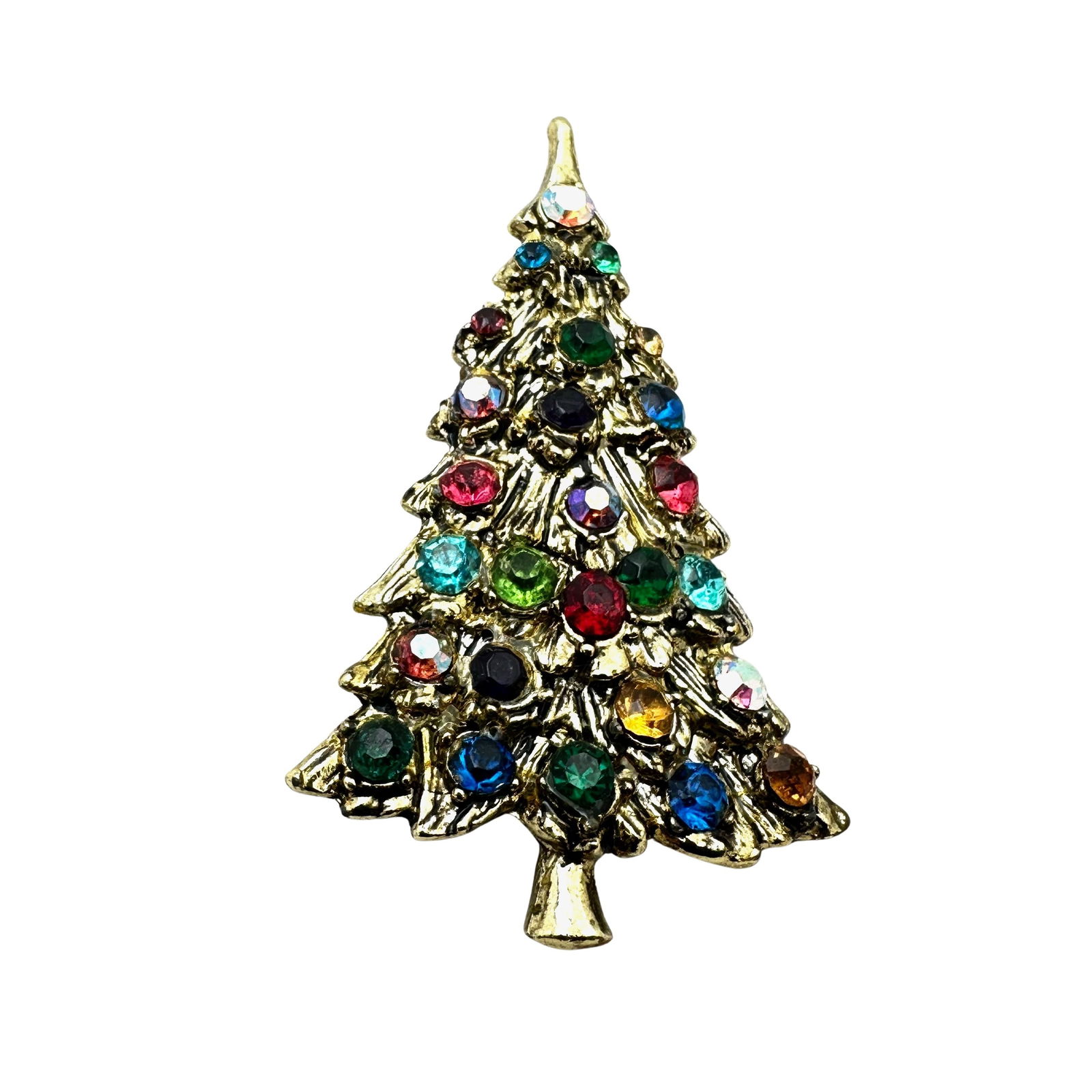 Vintage Multicolor Glass Rhinestone Antiqued Gold Tone Christmas Holiday Tree Brooch Pin 2.5 Inch (1 of 2)