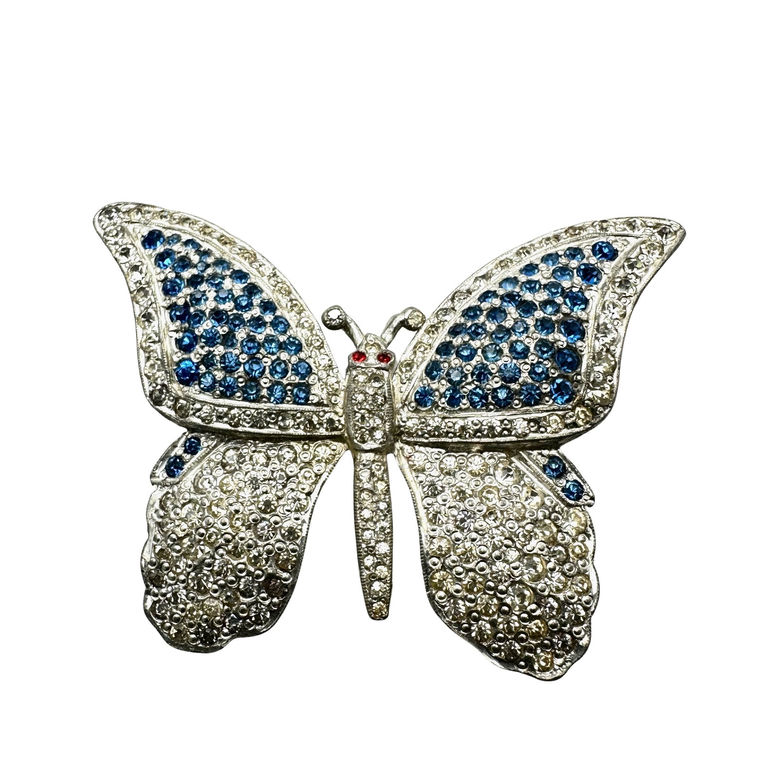 Vintage 1940s Era Blue And Clear Glass Rhinestone Silver Pot Metal Butterfly Brooch Pin 2.5 Inch: Vintage 1940s Era Blue And Clear Glass Rhinestone Silver Pot Metal Butterfly Brooch Pin 2.5 Inch