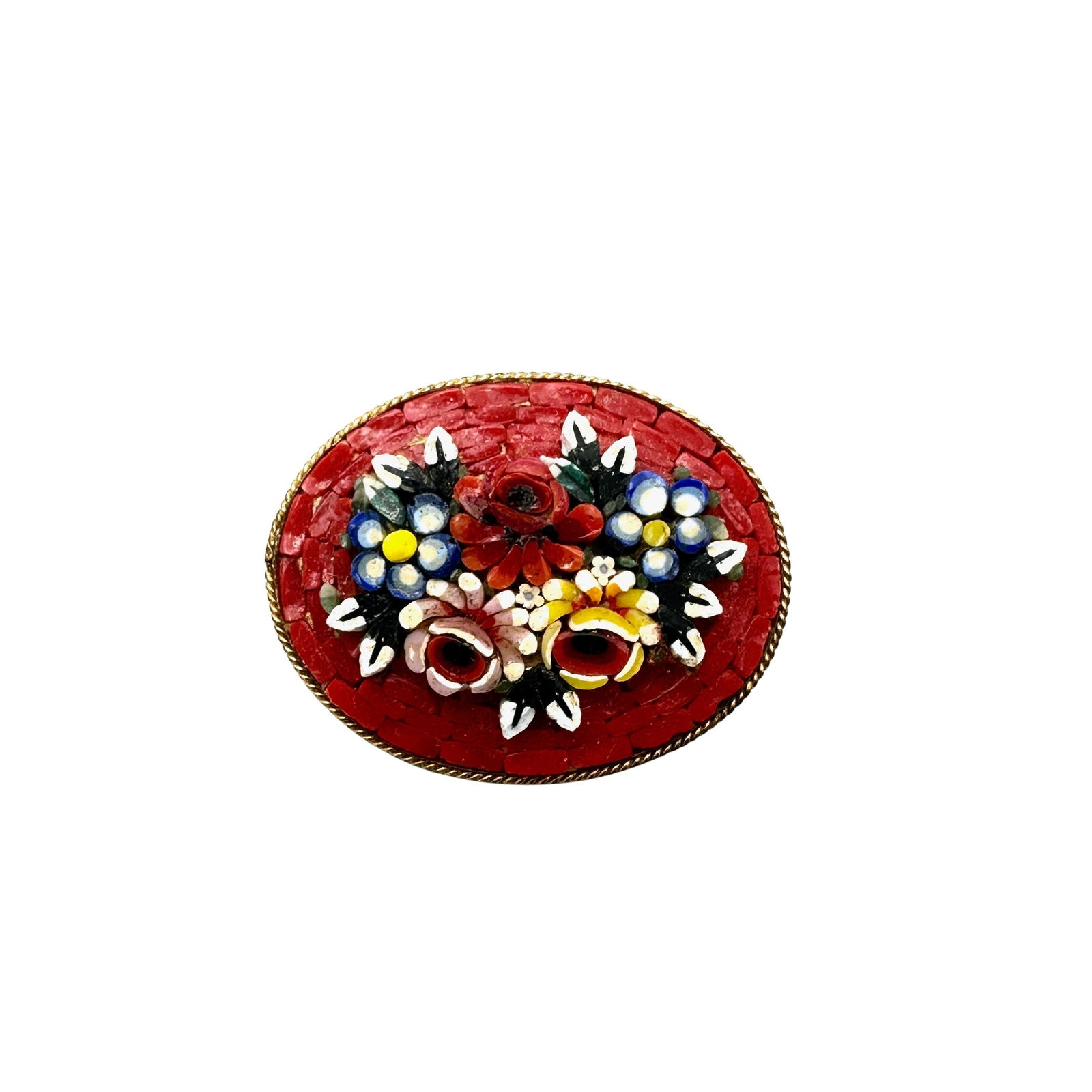 Vintage Italian Red Multicolor Micro Mosaic Glass Brooch Pin Gold Tone 1.5 Inch (1 of 2)
