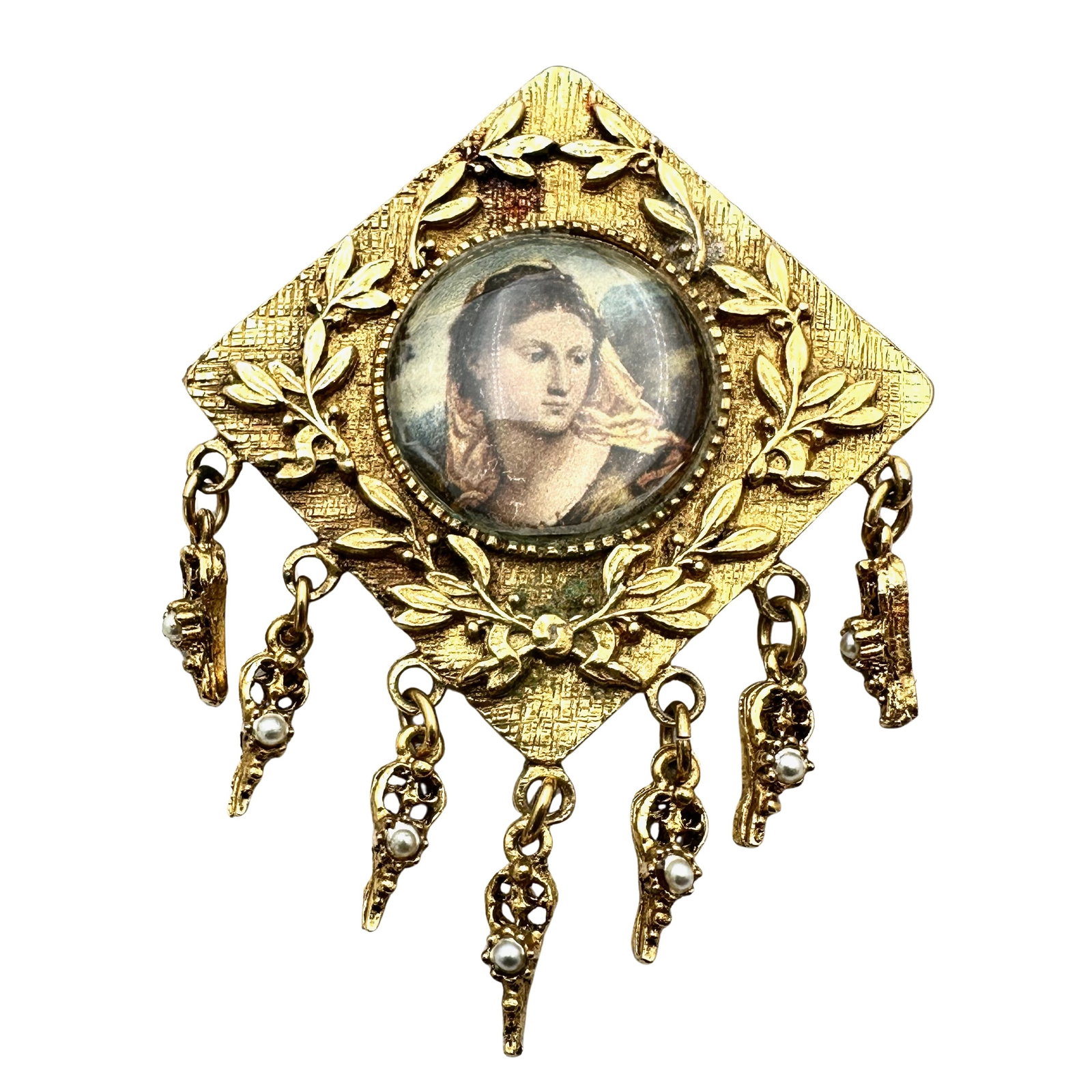 Vintage Portrait Under Bubble Glass Gold Tone Brooch Pin 3 Inch: Vintage Portrait Under Bubble Glass Gold Tone Brooch Pin 3 Inch