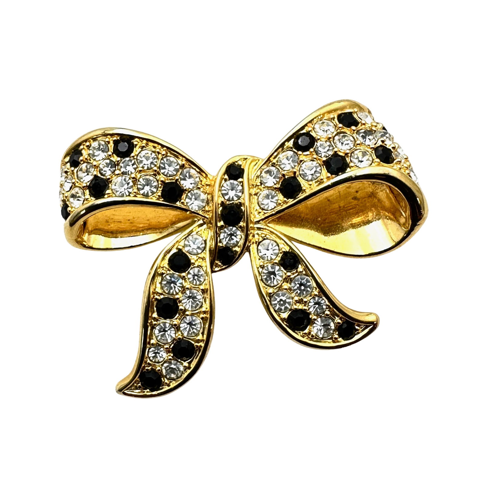 Vintage Black And White Rhinestone Gold Tone Bow Brooch Pin: Vintage Black And White Rhinestone Gold Tone Bow Brooch Pin