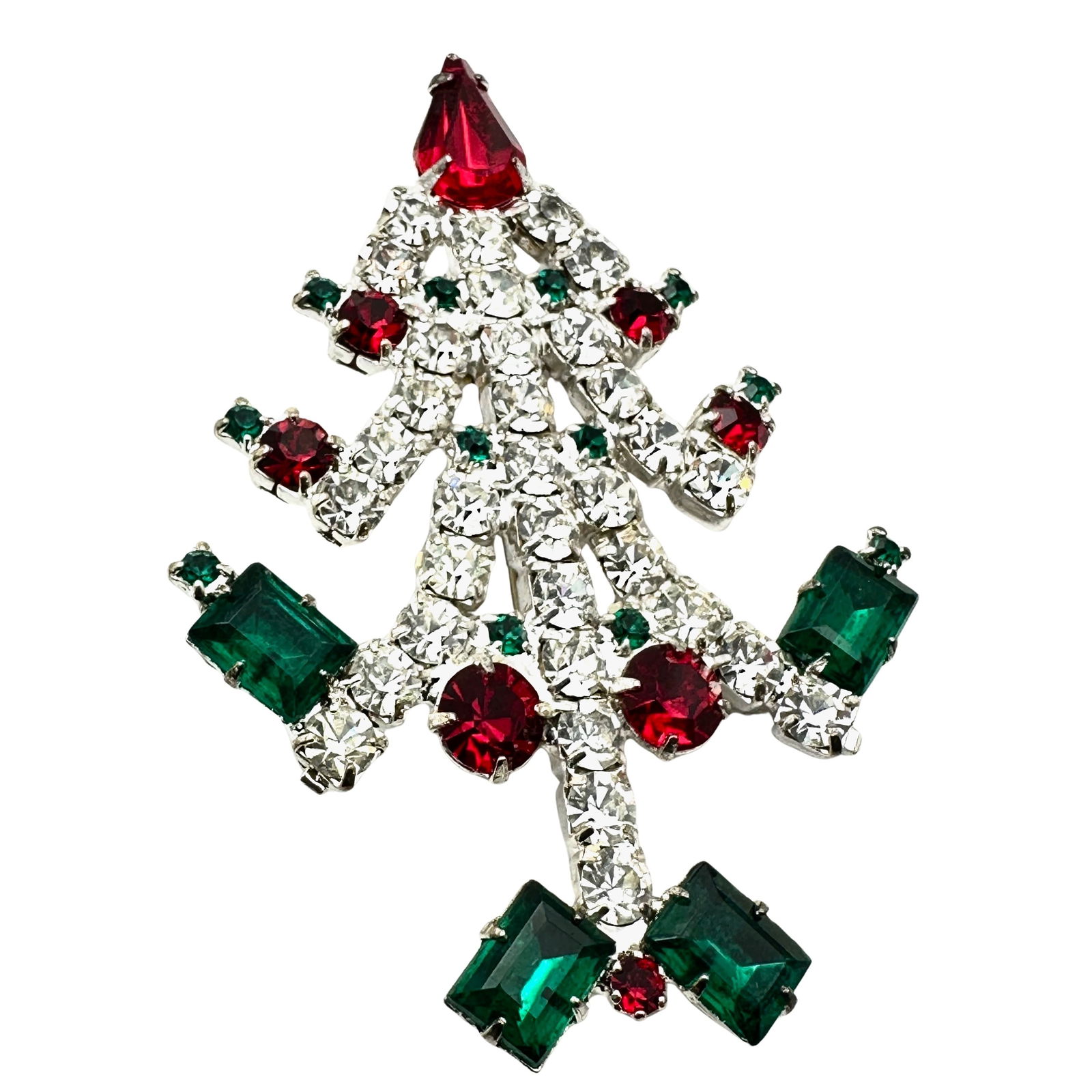 Vintage Red Green Glass Rhinestone Silver Tone Christmas Holiday Tree Brooch Pin 2.5 Inch (1 of 2)
