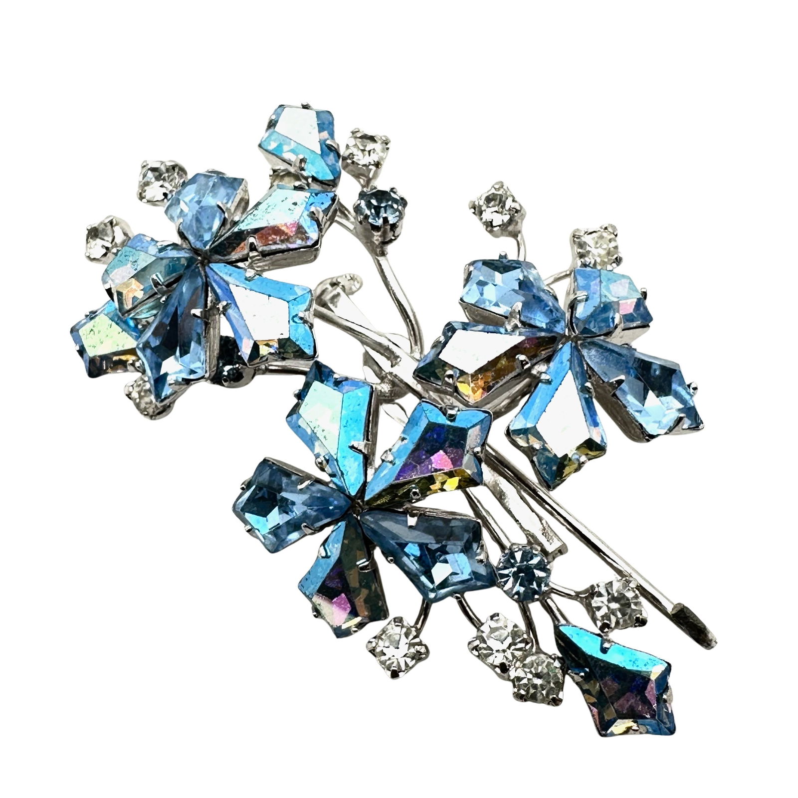 Vintage Vendome Blue Kite Shaped Glass Rhinestone Silver Tone Flower Brooch Pin 2.5 Inch (1 of 2)