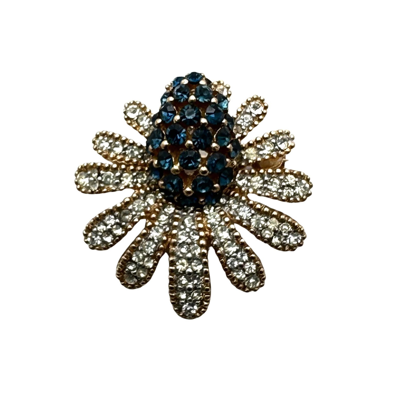Vintage Ciner Tiny Blue Clear Glass Rhinestone Flower Gold Tone Brooch Pin 1.25 Inch (1 of 2)
