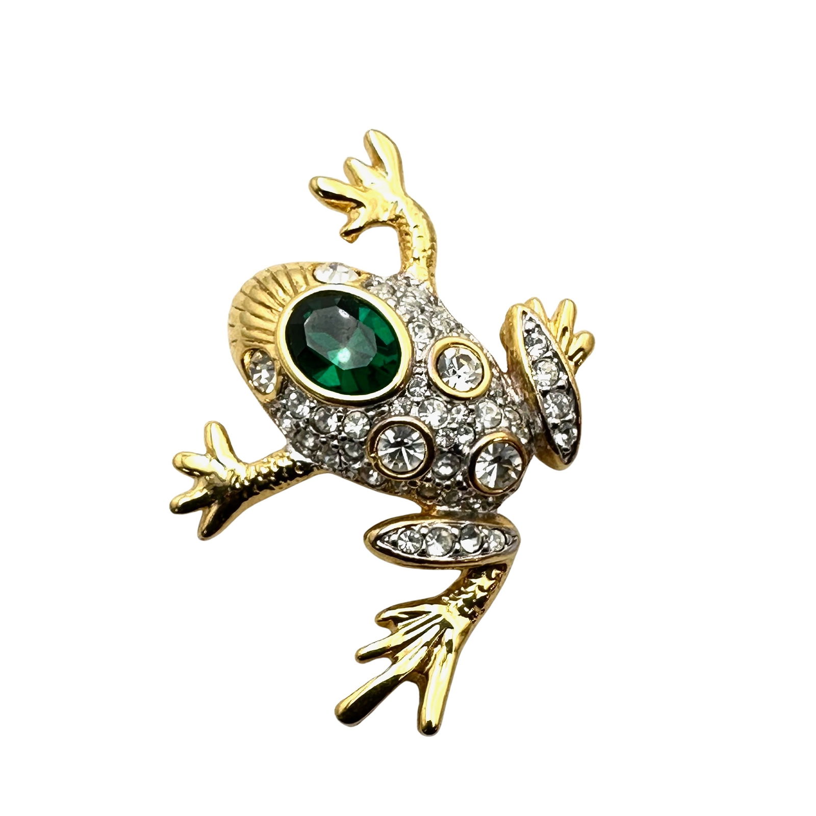 Vintage High End Green And Clear Glass Rhinestone Gold Tone Frog Brooch Pin 1.5 Inch (1 of 2)