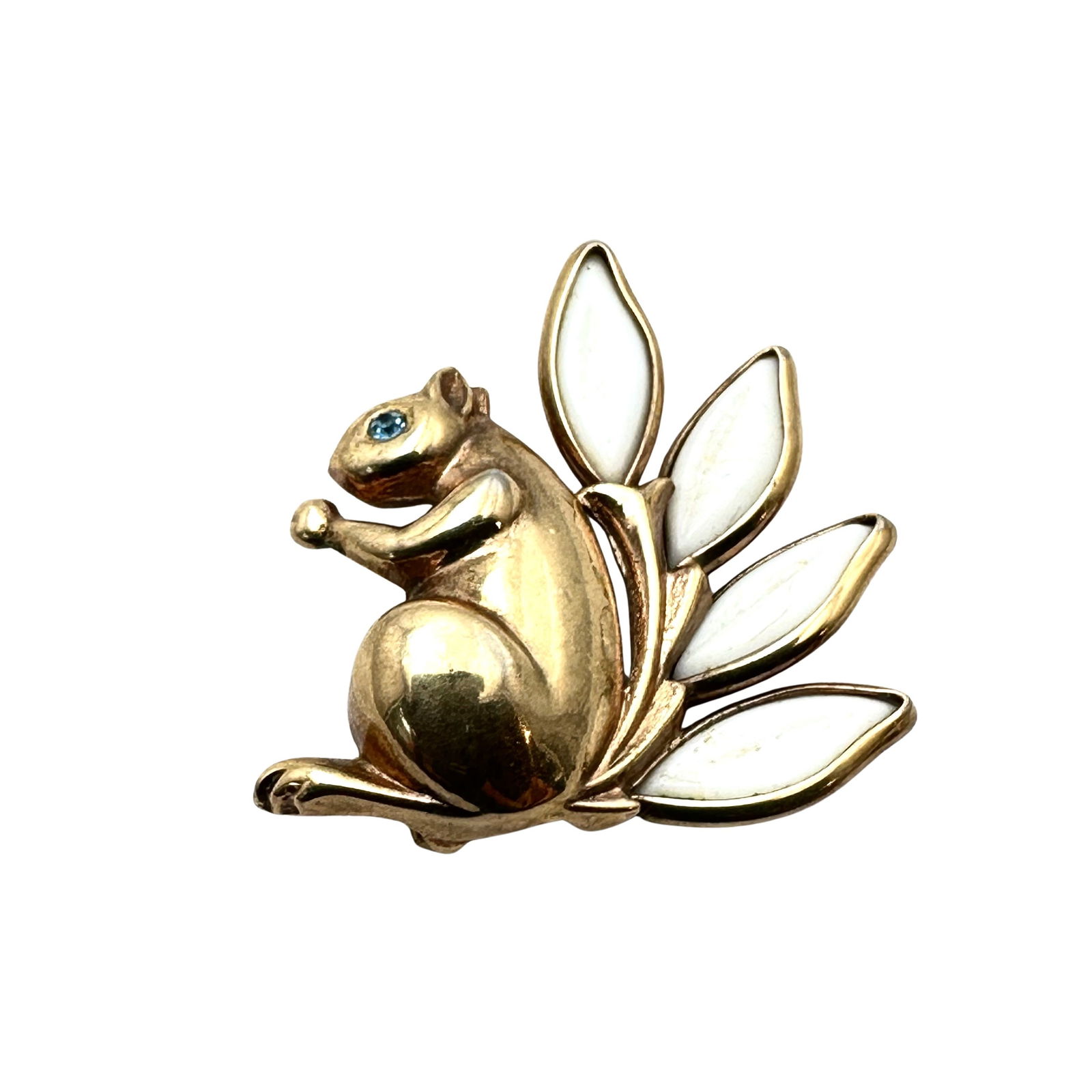 Vintage Unsigned Trifari White Milk Glass Rhinestone Gold Tone Squirrel Brooch Pin 1.5 Inch (1 of 2)