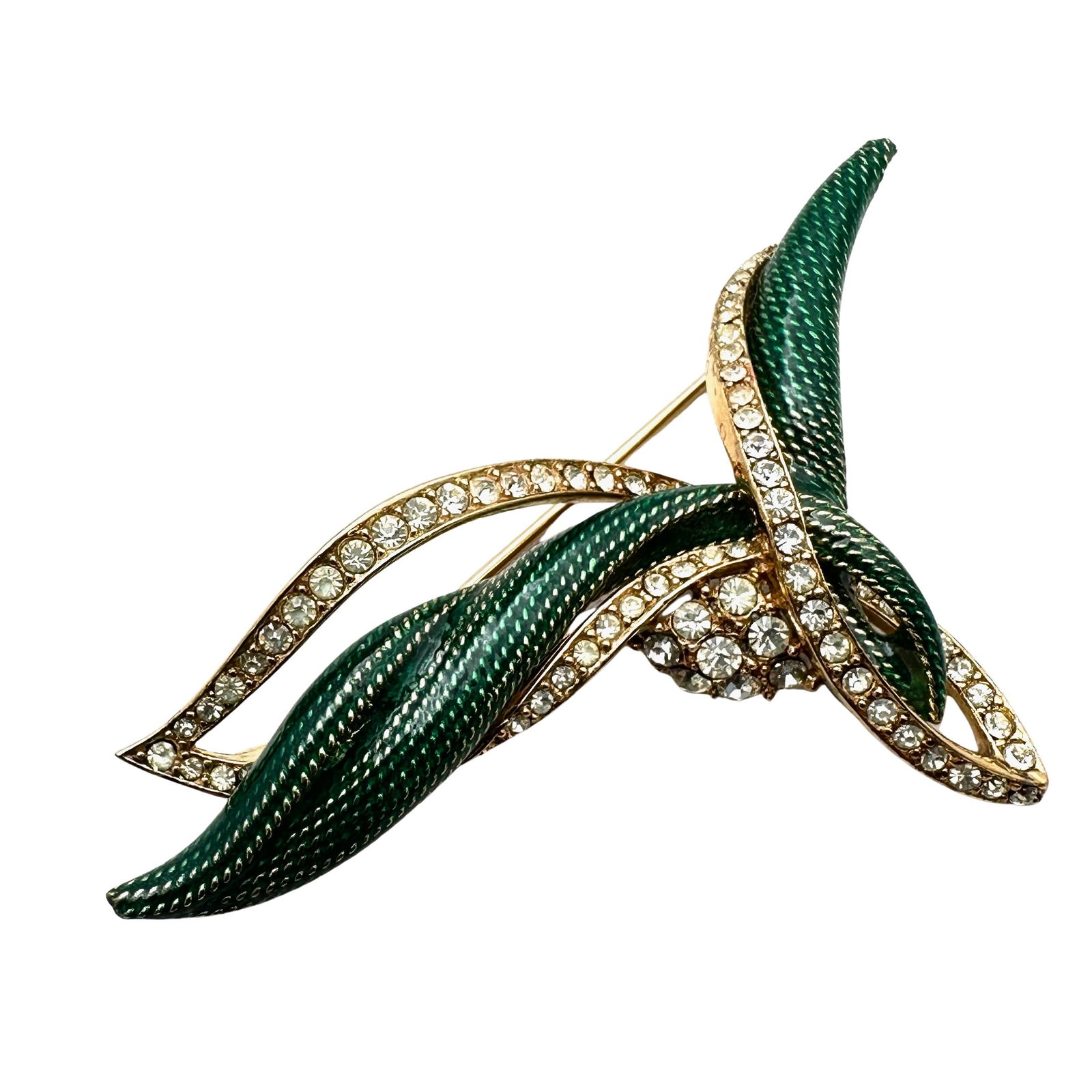 Vintage Unsigned Ciner Green Enamel Clear Rhinestone Gold tone Brooch Pin 2.5 Inch (1 of 2)