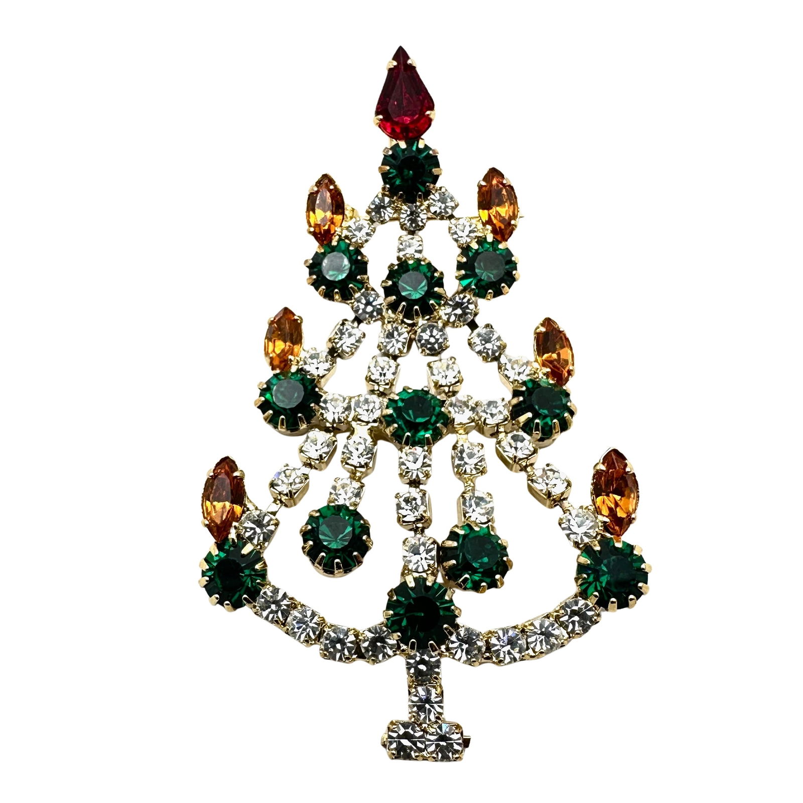 Vintage Red Green Glass Rhinestone Christmas Tree Brooch Pin Gold tone 2.75 Inch (1 of 2)