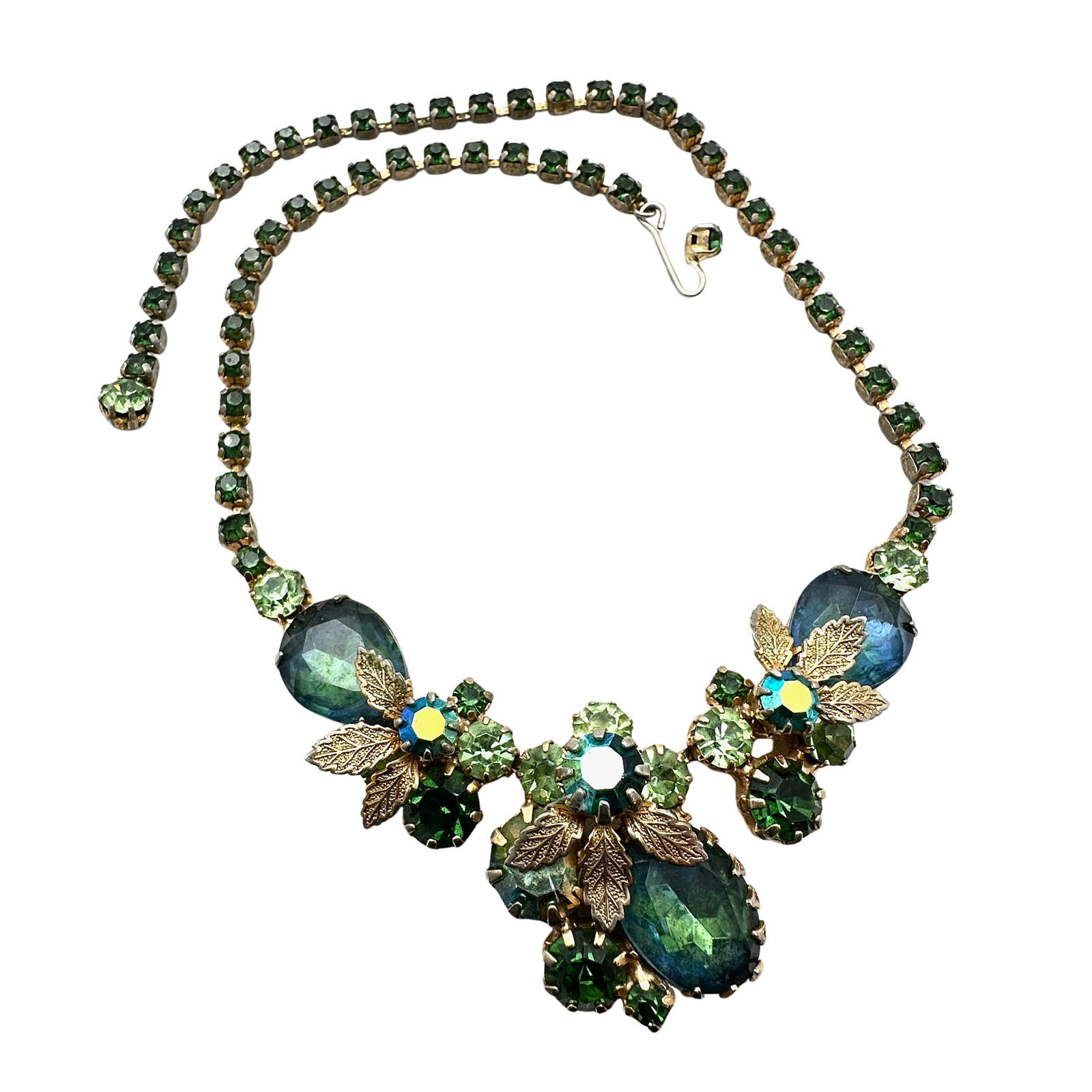 Vintage Green Glass Rhinestone Gold Tone Necklace 16 Inch Light Wear to Gold Tone On Back of: Vintage Green Glass Rhinestone Gold Tone Necklace 16 Inch Light Wear to Gold Tone On Back of Necklace