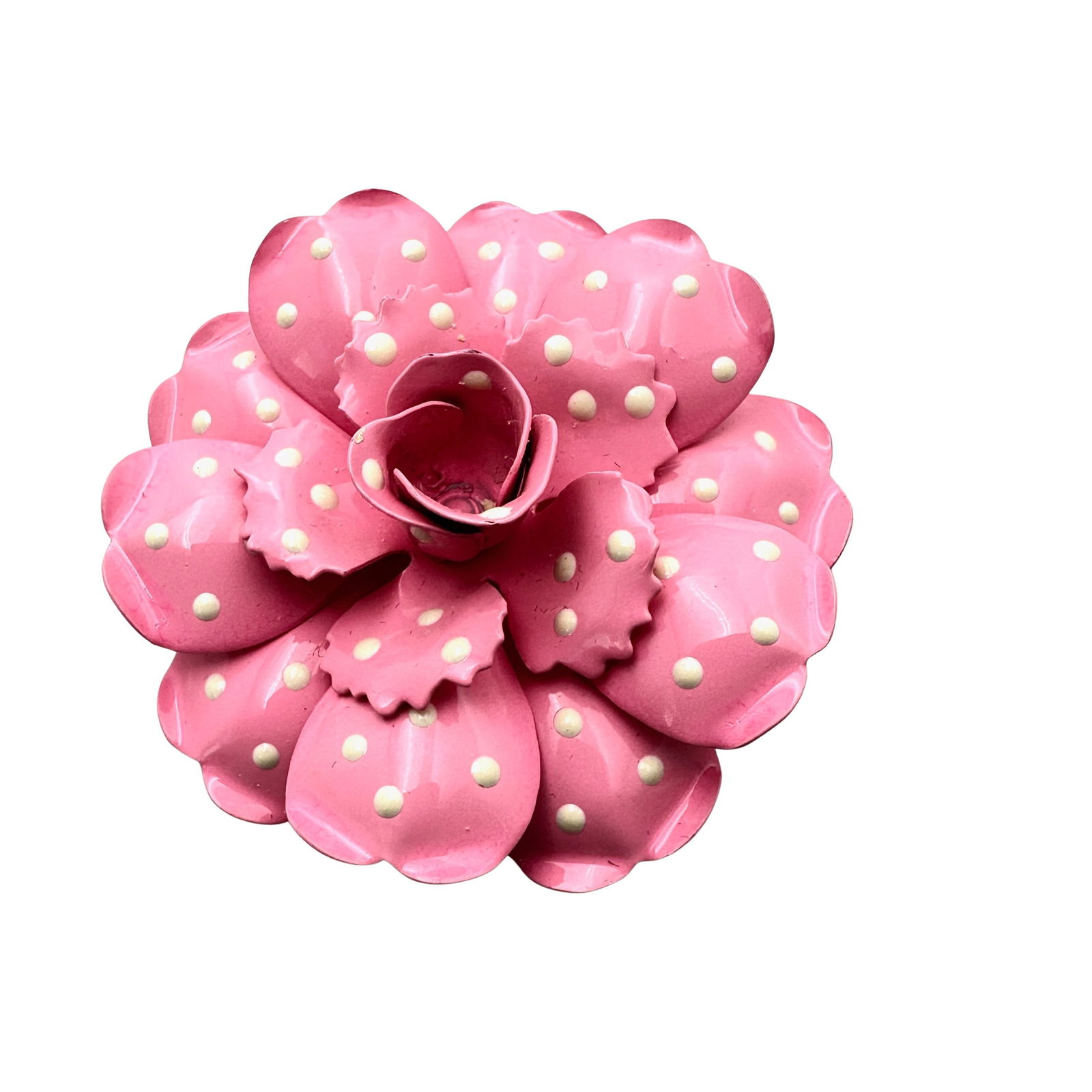 Vintage Joan Rivers Pink White Polka Dot Enamel Gold Tone Flower Brooch Pin 2.5 Inch (1 of 2)