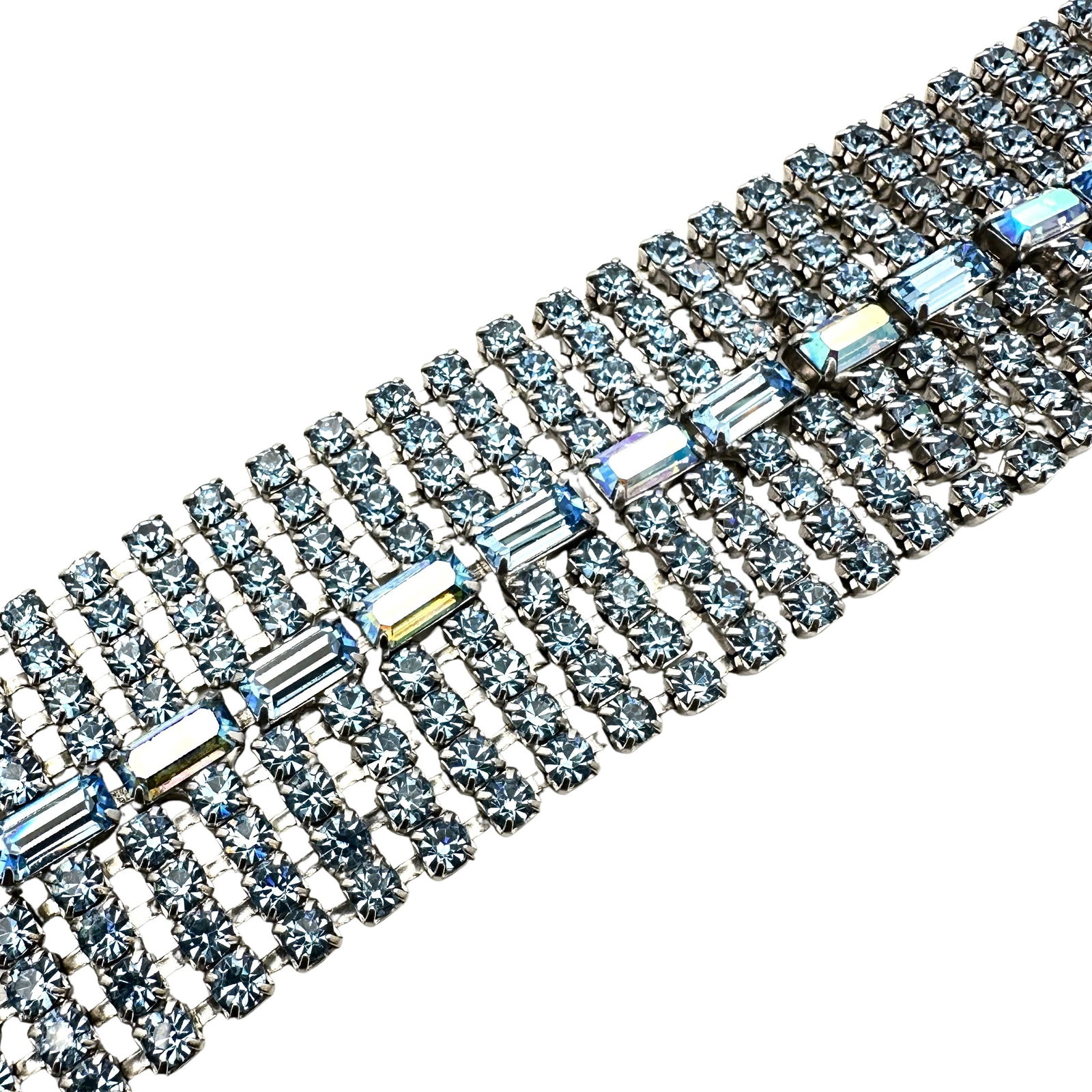 Vintage High End Unsigned Designer Blue Glass Rhinestone Silver Tone Wide 1.75 Inch Bracelet 6.5 (1 of 3)