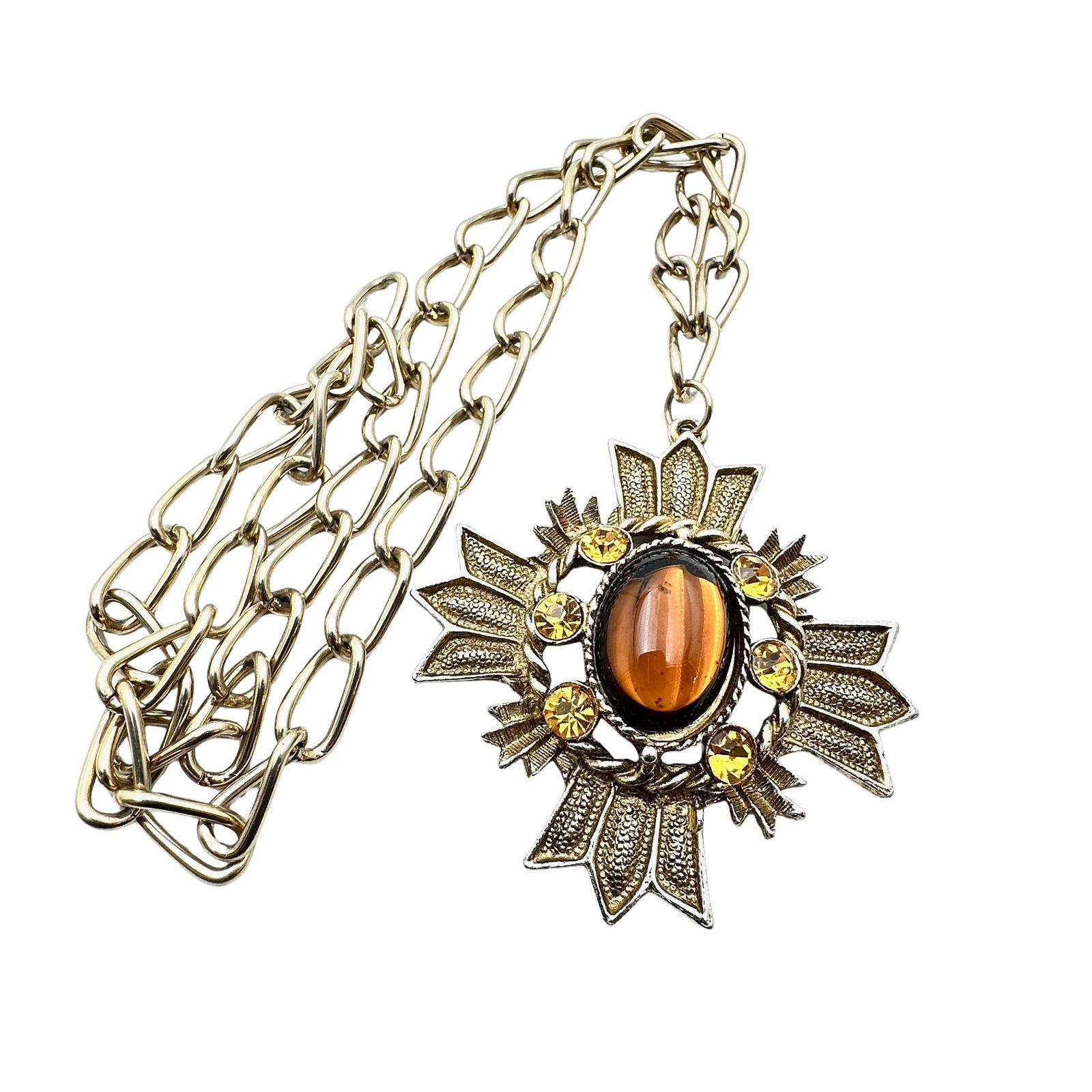 Vintage Large Amber Glass Rhinestone Gold Tone Maltese Cross Pendant Necklace 24 Inch Chain (1 of 2)