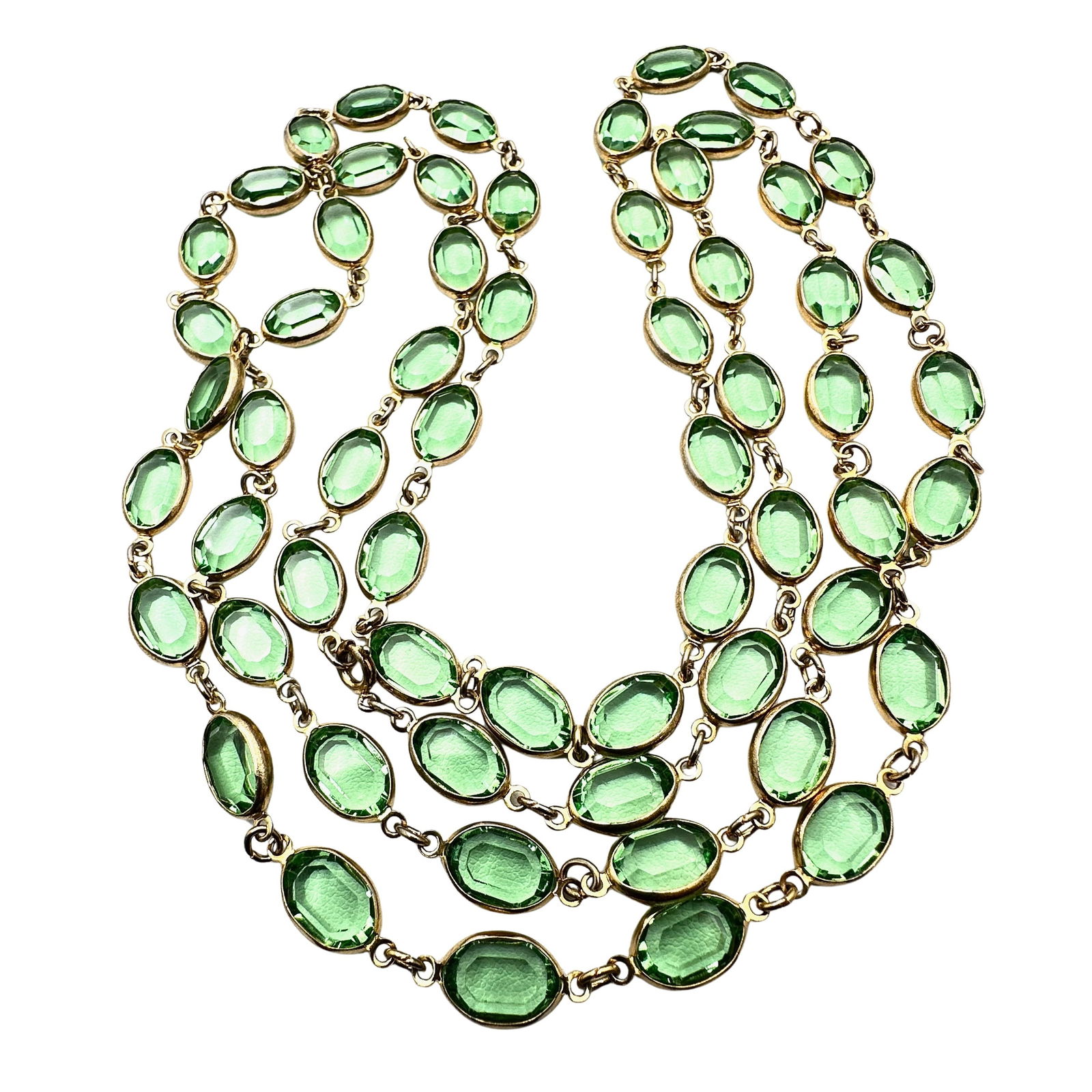 Vintage Swarovski Green Oval Bezel Set Crystal Gold Tone Necklace 44 Inch Length One Strand: Vintage Swarovski Green Oval Bezel Set Crystal Gold Tone Necklace 44 Inch Length One Strand