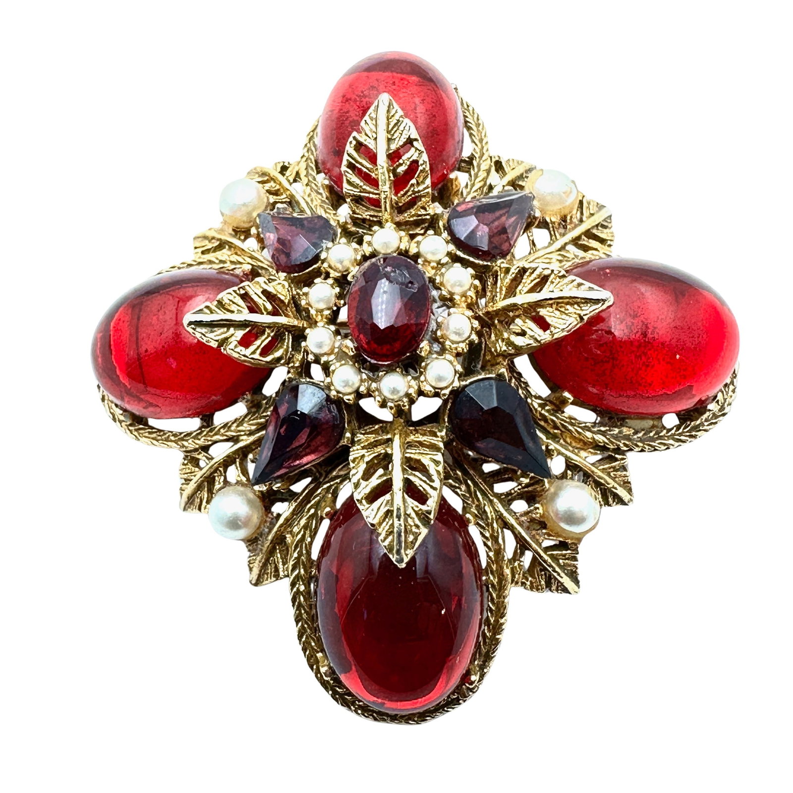 Vintage Arthur Pepper ART Red Glass Cabochon Rhinestone Maltese Cross Gold Pin Brooch 2 Inch: Vintage Arthur Pepper ART Red Glass Cabochon Rhinestone Maltese Cross Gold Pin Brooch 2 Inch
