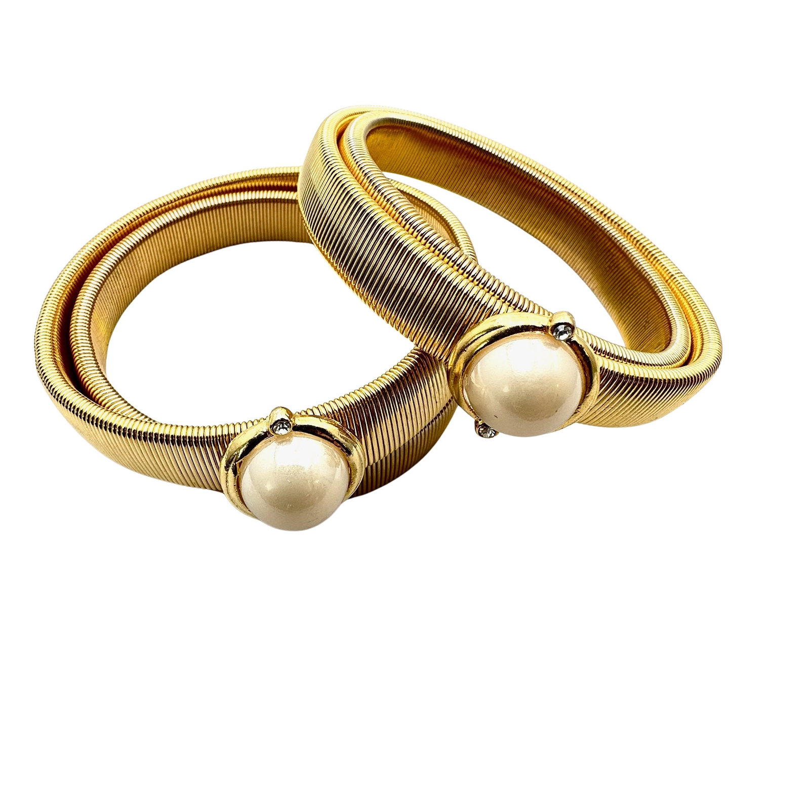 Vintage Faux Pearl Crystal Bracelets Gold Tone Expandable: Vintage Faux Pearl Crystal Bracelets Gold Tone Expandable