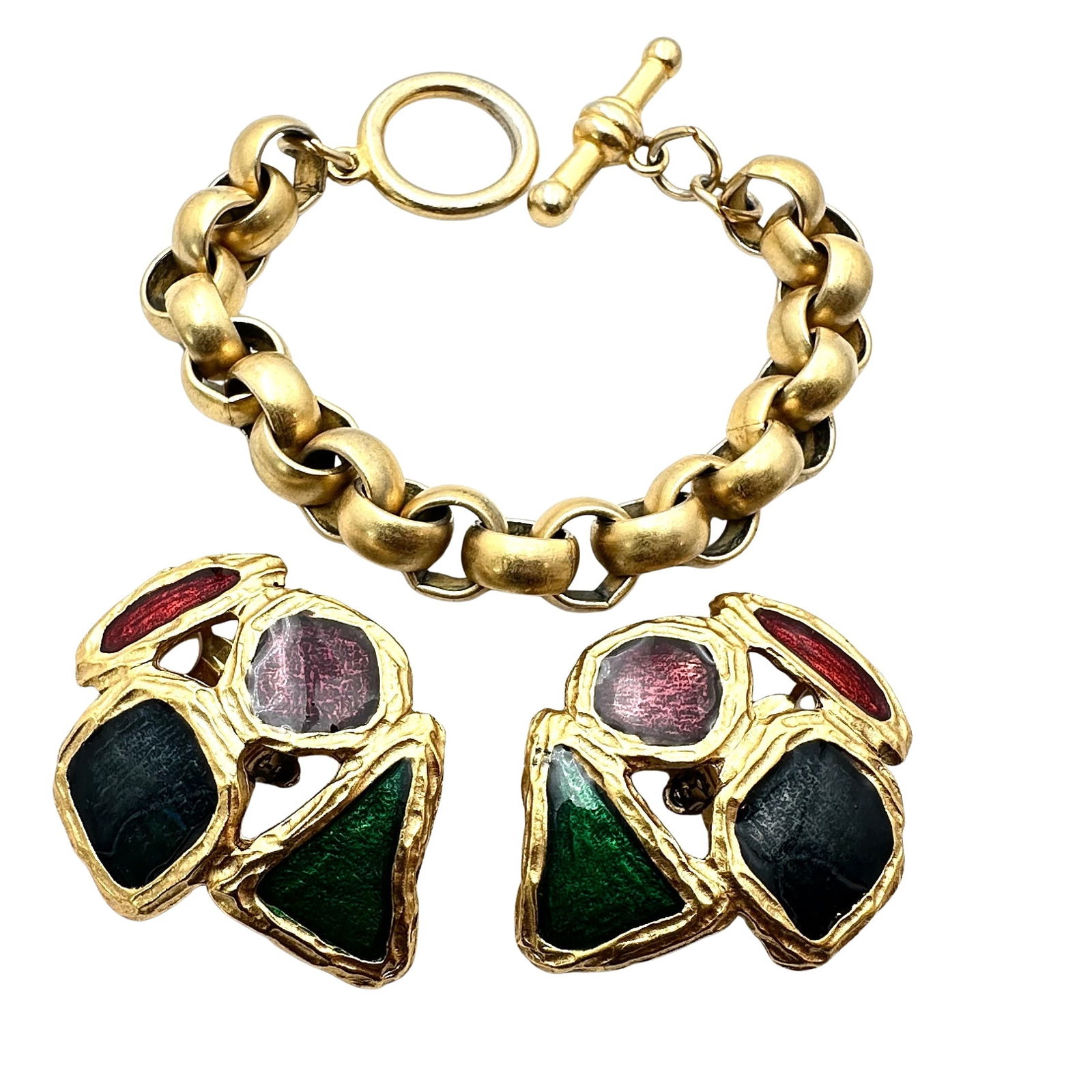 Vintage Jewelry Group Matte Gold Tone Link Toggle Bracelet and Clip Earrings Enamel Jewel Tone: Vintage Jewelry Group Matte Gold Tone Link Toggle Bracelet and Clip Earrings Enamel Jewel Tone