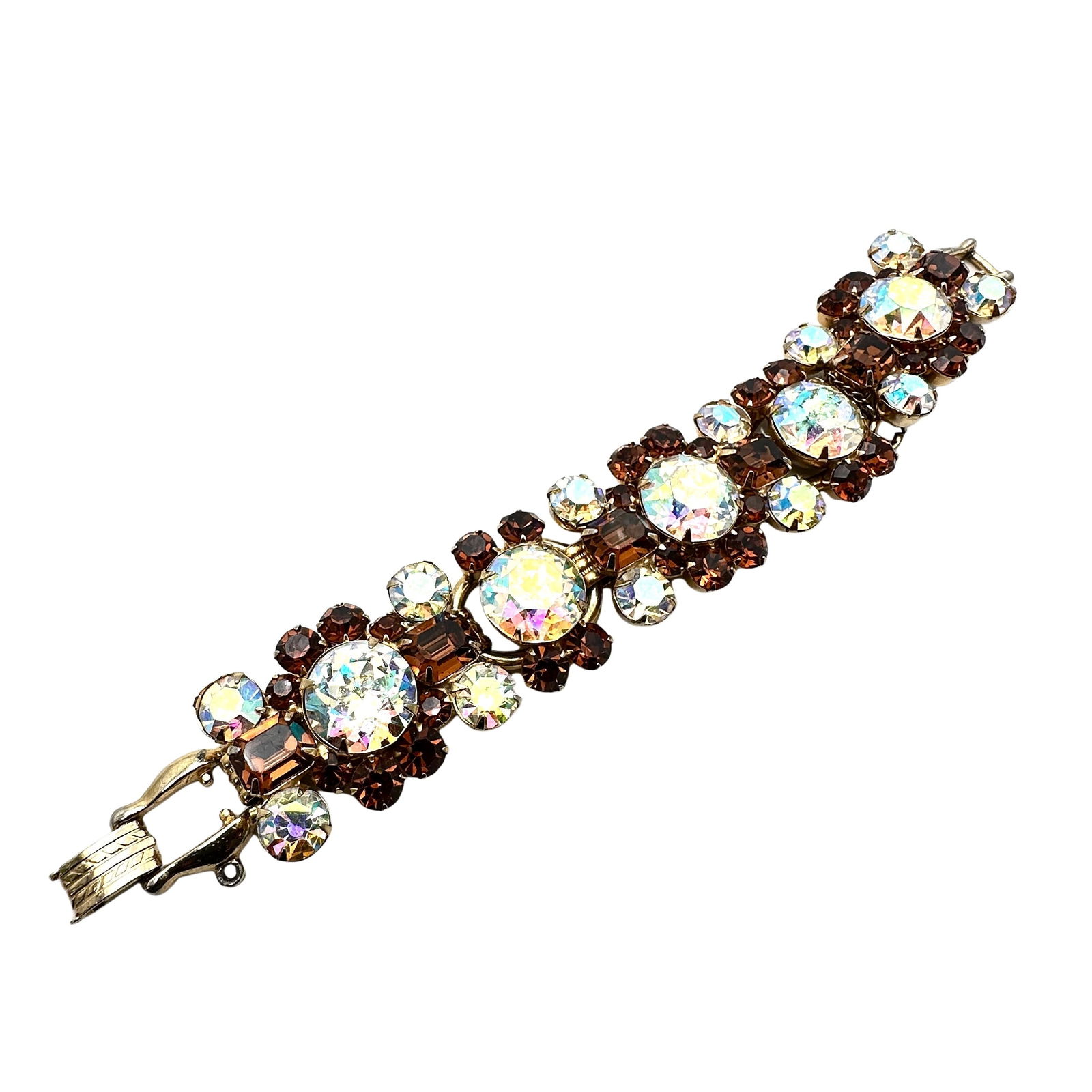 Vintage Juliana 5 Link Bracelet Amber and Aurora Borealis Glass Rhinestones 7 Inch Gold Tone (1 of 3)