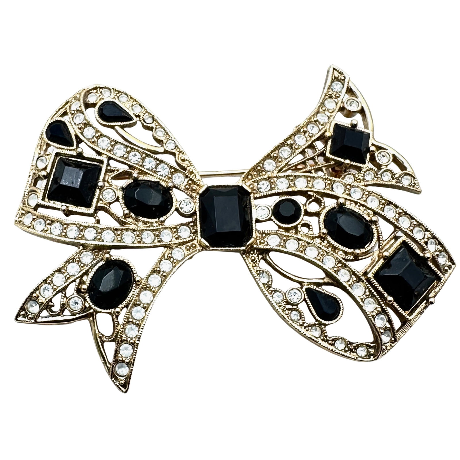 Vintage 1928 Black and Clear Rhinestone Bow Brooch Pin 3 Inch: Vintage 1928 Black and Clear Rhinestone Bow Brooch Pin 3 Inch
