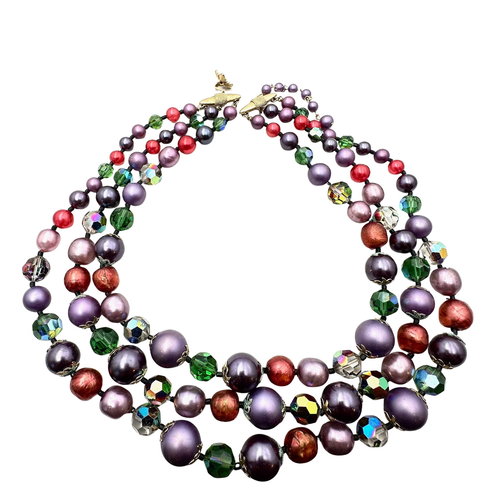 Vintage Vendome Purple Green Pink Glass And Crystal Bead Multi Strand Necklace 17 Inch: Vintage Vendome Purple Green Pink Glass And Crystal Bead Multi Strand Necklace 17 Inch