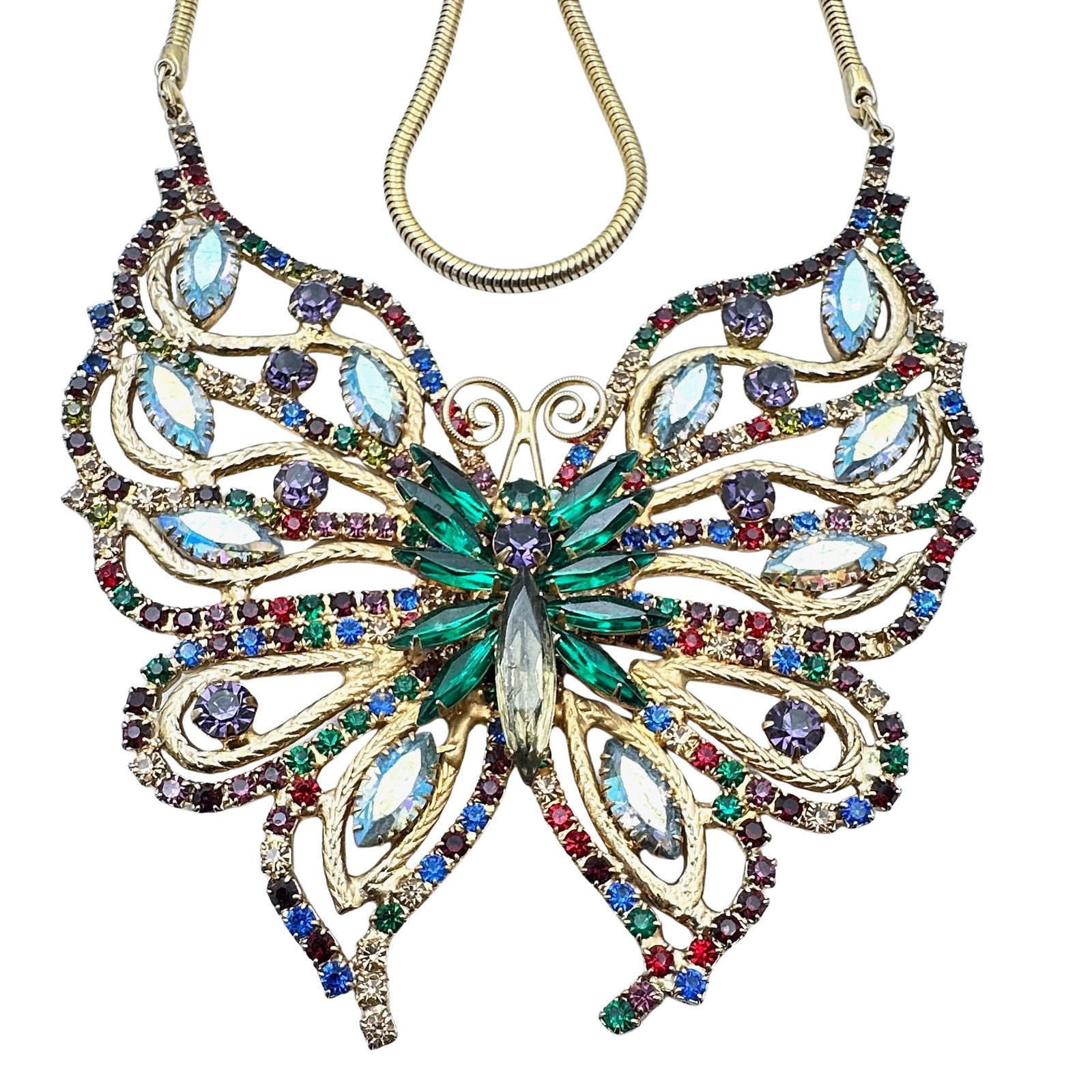 Vintage Juliana Large 5 Inch Multicolor Rhinestone Butterfly Gold Tone Pendant Necklace 20 Inch (1 of 3)