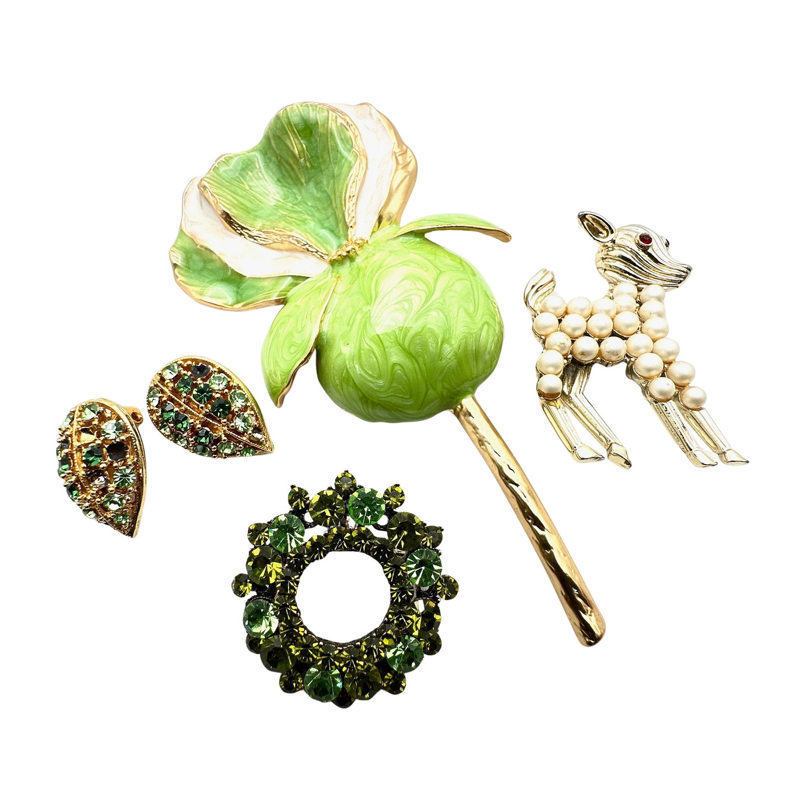 Vintage Jewelry Group Large Enamel Flower Brooch Pin Deer Figural Clip Earrings and More (1 of 2)