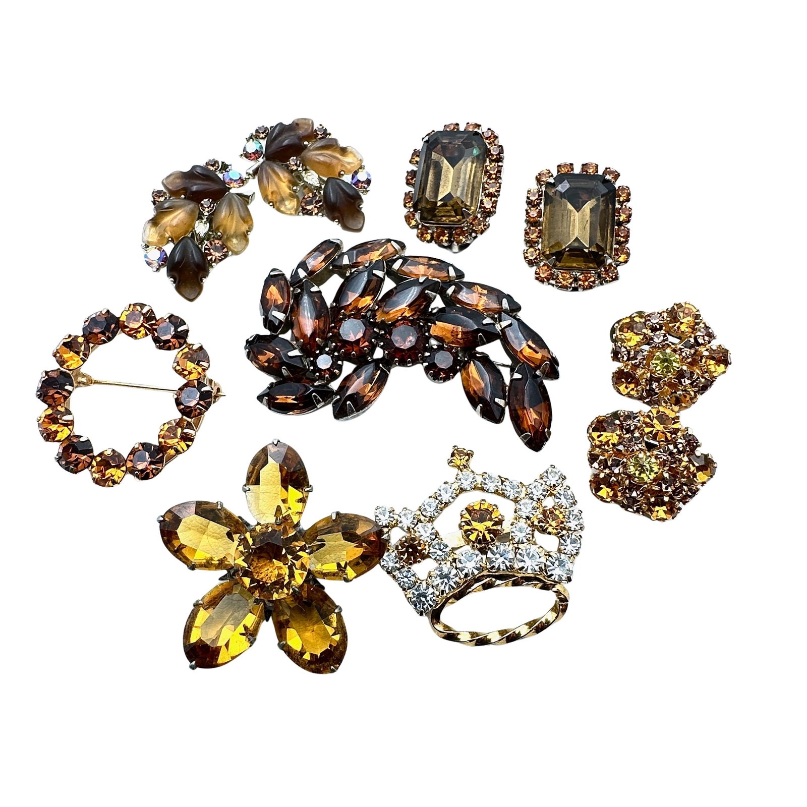 Vintage Jewelry Group Amber Glass Rhinestone Brooches Pins and Earrings Some Signed: Vintage Jewelry Group Amber Glass Rhinestone Brooches Pins and Earrings Some Signed