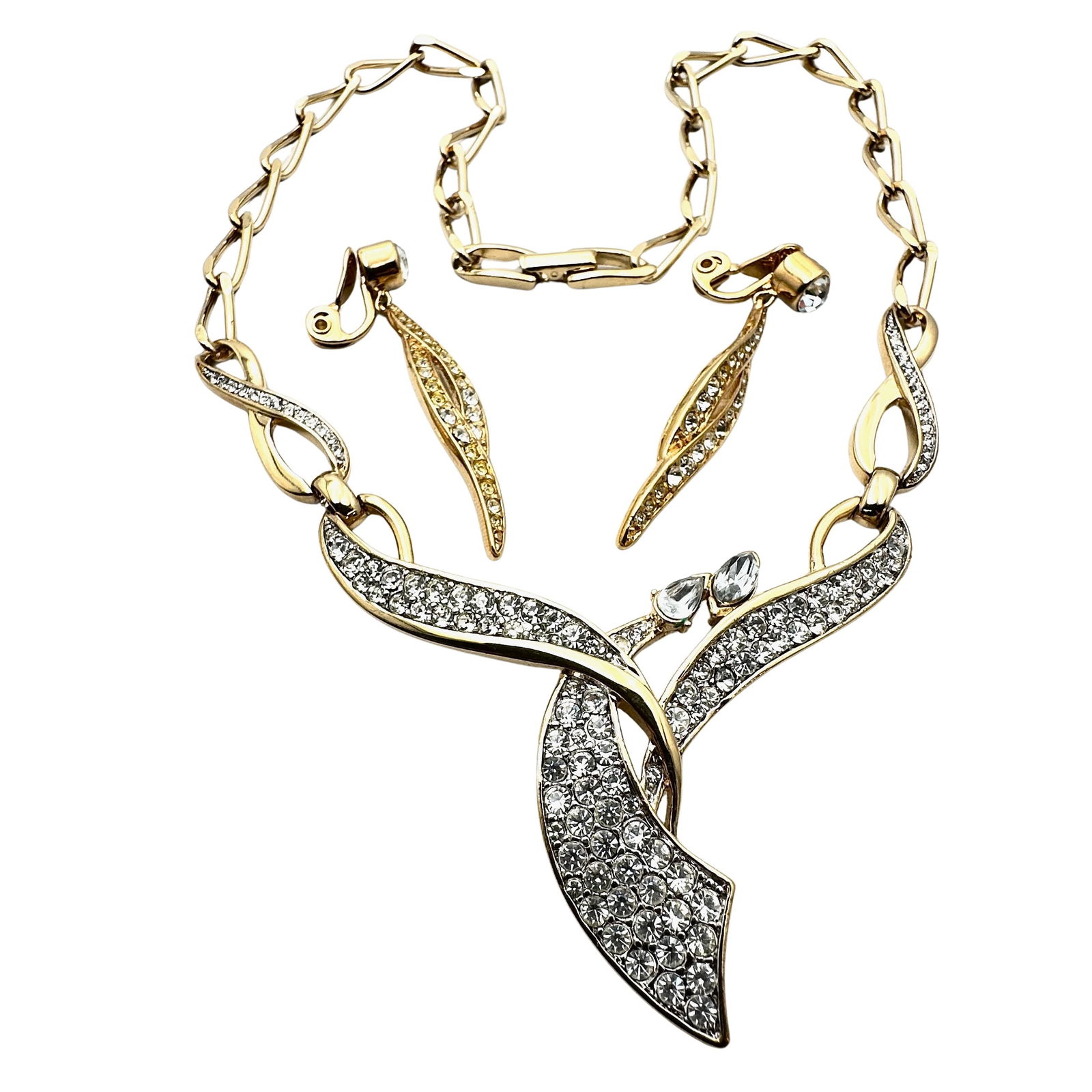 Vintage Trifari Clear Glass Rhinestone Gold Tone Necklace & Clip Earrings Set (1 of 2)