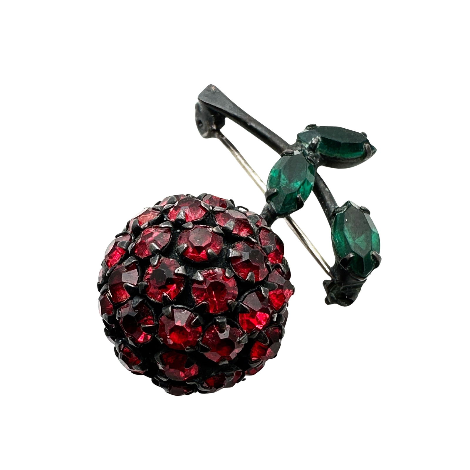 Vintage Warner Red Green Glass Rhinestone Cherry Berry Brooch Pin 1.5 Inch (1 of 2)