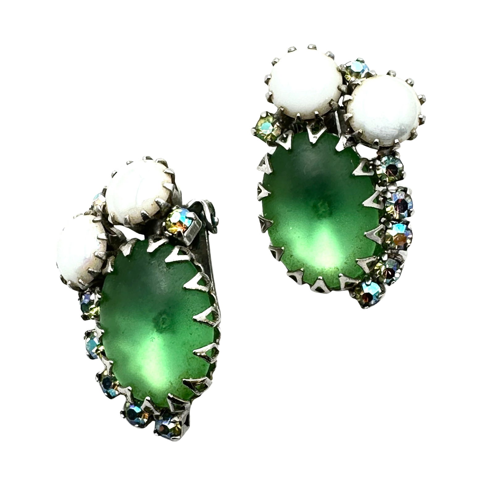 Vintage Continental Green Glass Rhinestone Silver Tone Clip Earrings (1 of 2)