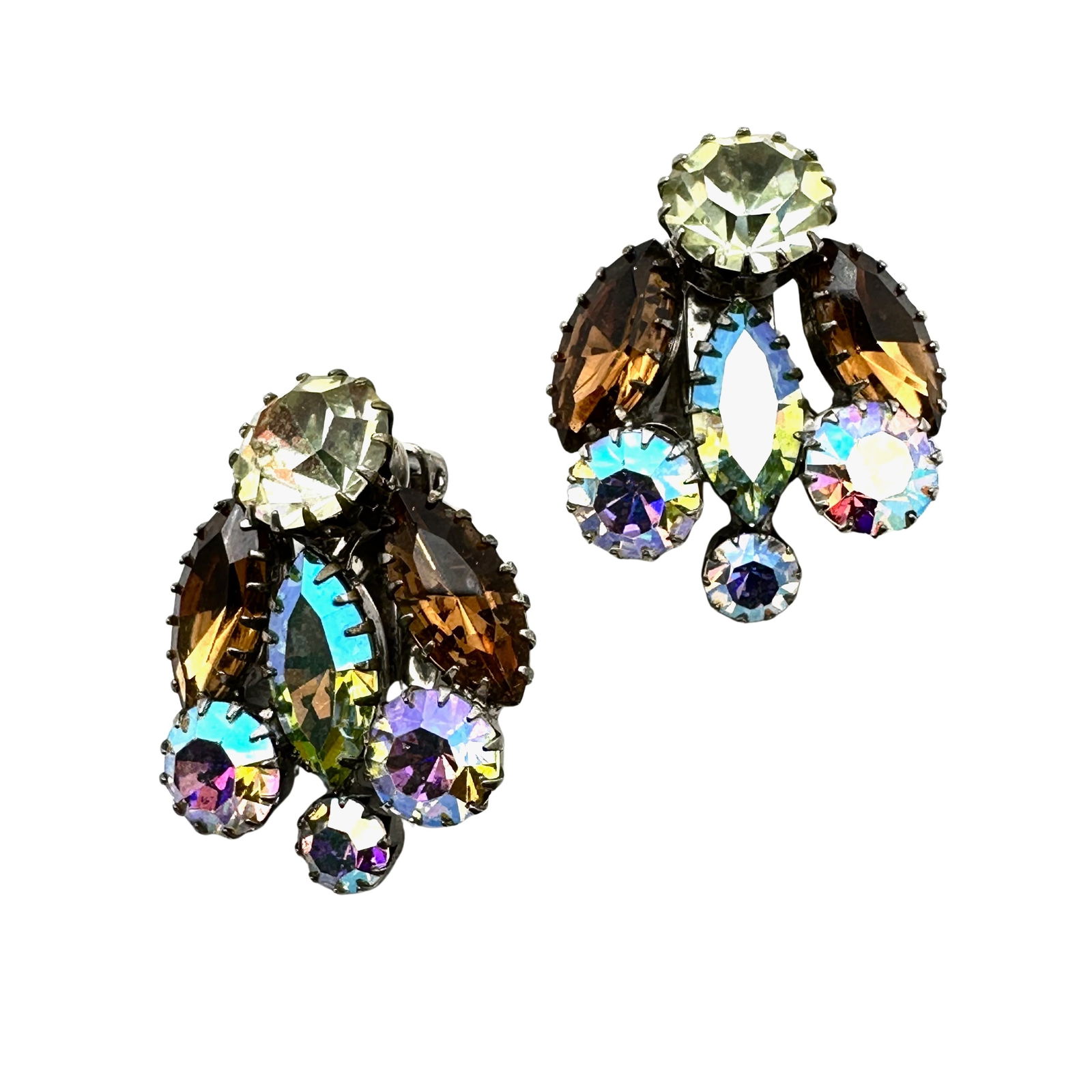 Vintage Amber Glass Aurora Borealis Silver Tone Clip Earrings 1.25 Inch: Vintage Amber Glass Aurora Borealis Silver Tone Clip Earrings 1.25 Inch