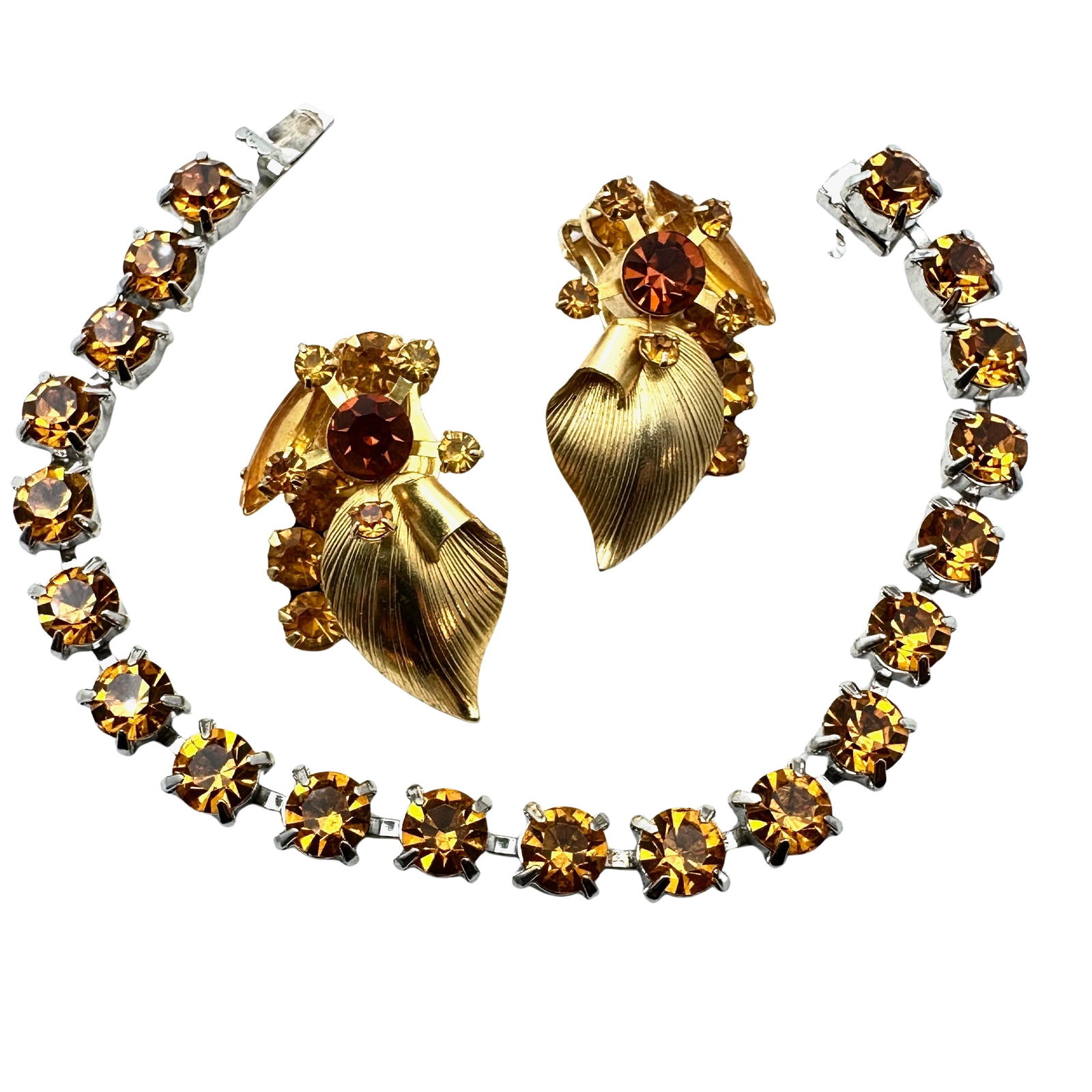 Vintage Amber Glass Rhinestone Clip Earrings and Coordinating Bracelet (1 of 2)