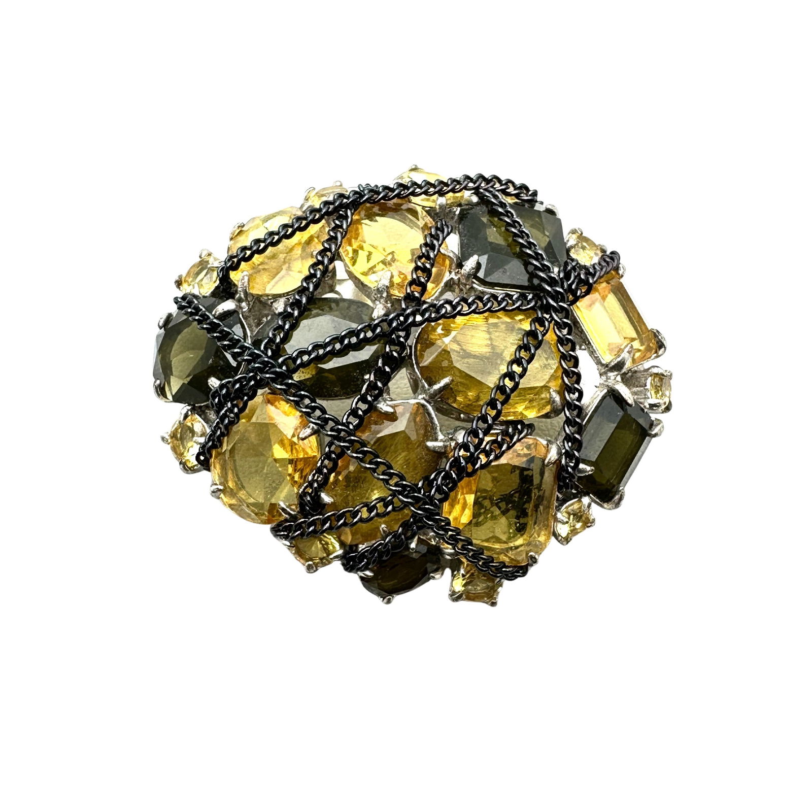 Vintage Wire Wrapped Yellow Grey Glass Rhinestone Silver Tone Brooch Pin 2 Inch (1 of 2)