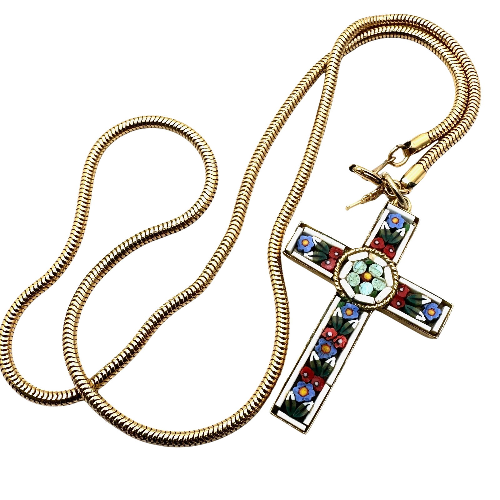 Vintage Italian Micro Mosaic Multicolor Cross Pendant Necklace Trifari Gold Tone Chain 18 Inch (1 of 2)