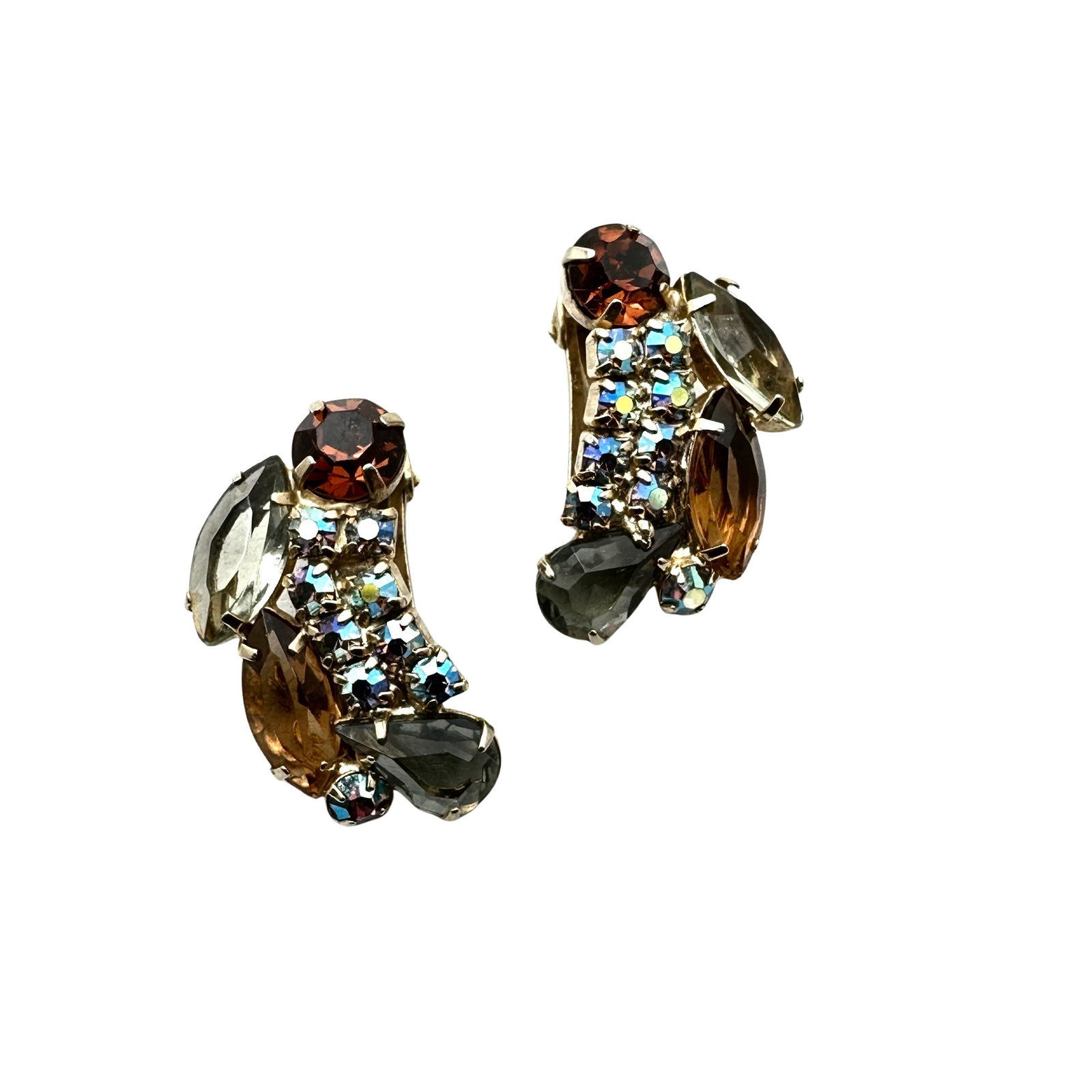 Vintage High End Amber Grey Glass Rhinestone Gold Tone Clip Earings 1.25 Inch: Vintage High End Amber Grey Glass Rhinestone Gold Tone Clip Earings 1.25 Inch