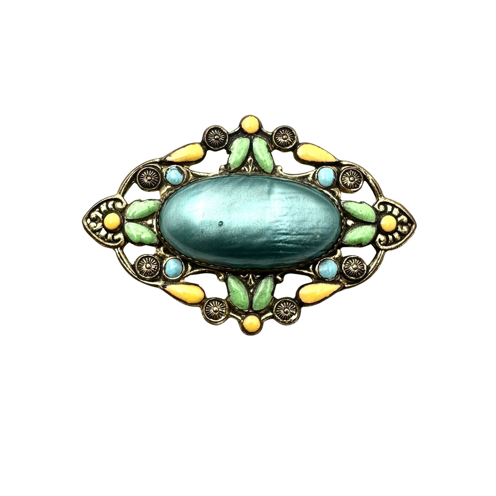 Vintage Antique Multicolor Enamel Blue Czech Glass Brooch Pin 2.25 Inch (1 of 2)