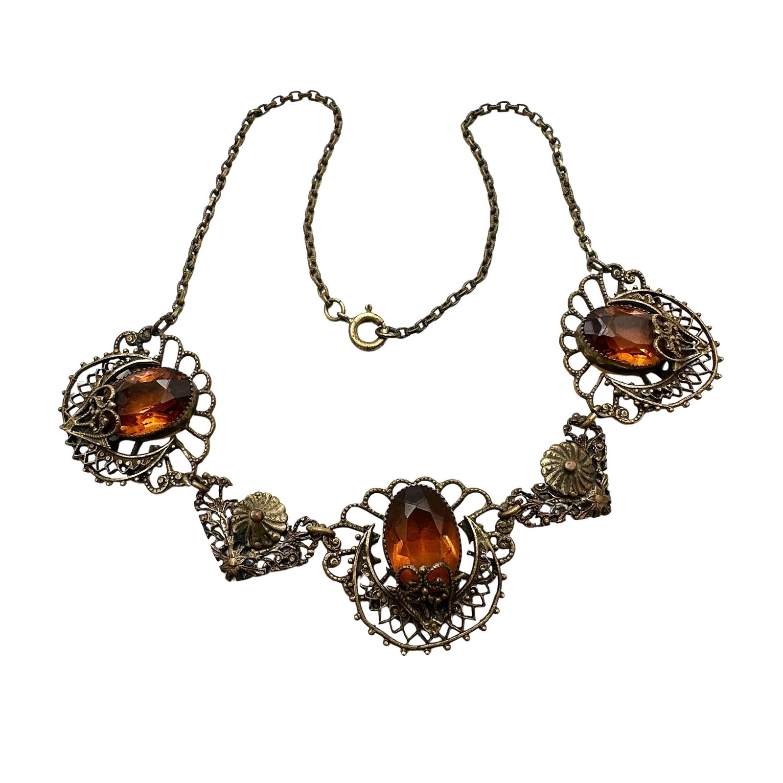 Vintage Antique Amber Czech Glass Antiqued Gold Tone Filigree Necklace 15 Inch: Vintage Antique Amber Czech Glass Antiqued Gold Tone Filigree Necklace 15 Inch