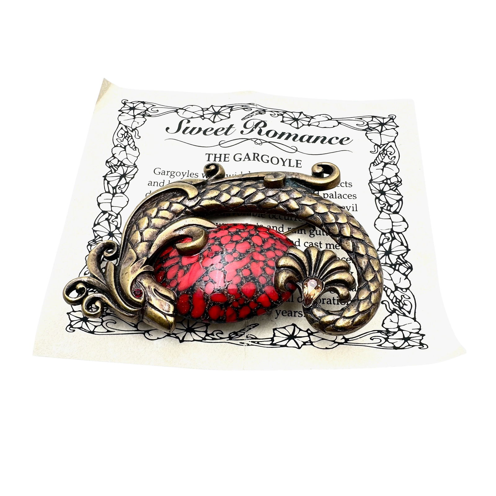 Vintage Sweet Romance Dragon Brooch Pin Red Glass Cabochon Antiqued Gold Tone 3 Inch (1 of 2)