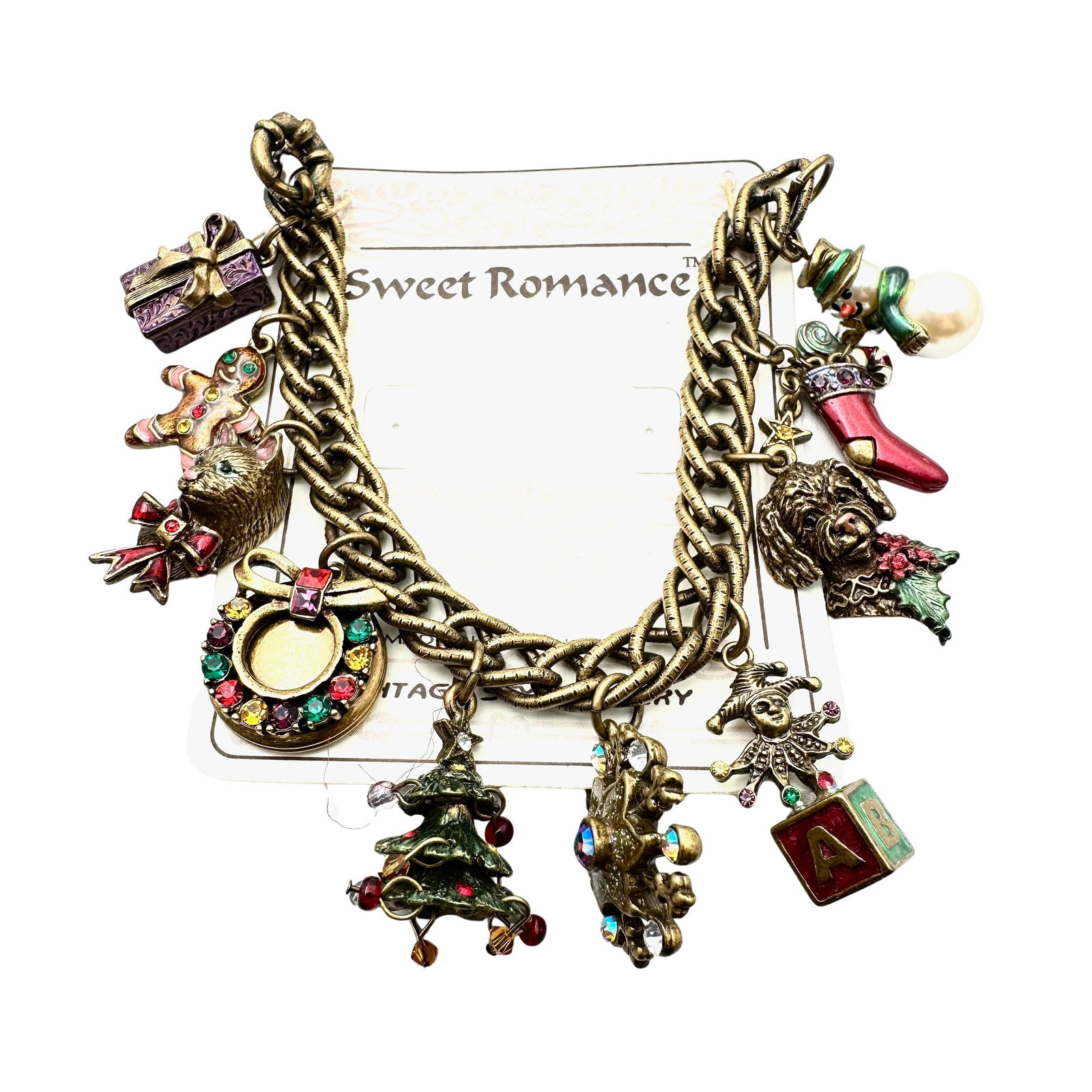 Vintage Sweet Romance Enamel Rhinestone Antiqued Gold Tone Christmas Charm Bracelet 7.5 Inch (1 of 2)