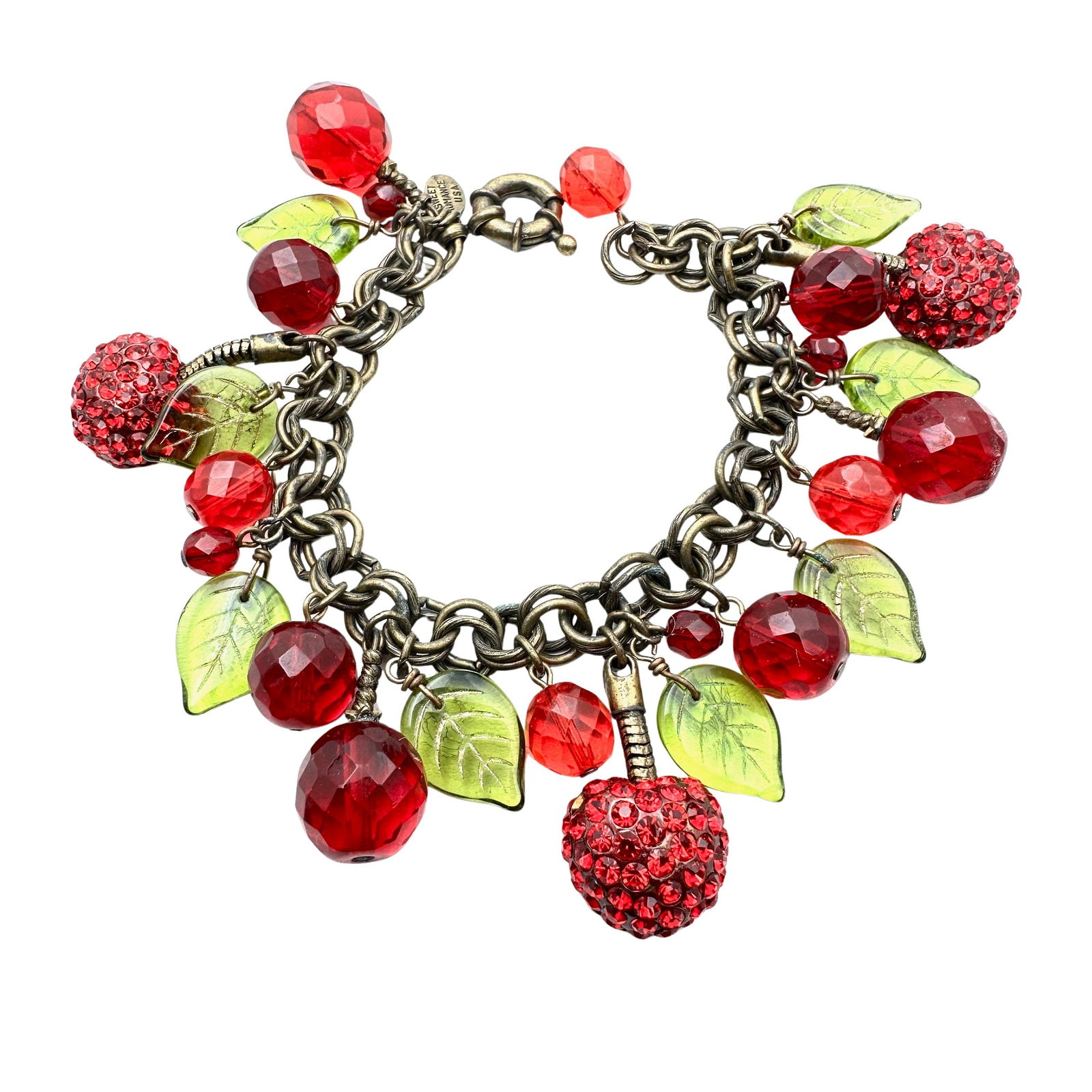 Vintage Sweet Romance Red Green Glass Cherry Charm Bracelet Antiqued Gold Tone 7.5 Inch (1 of 2)