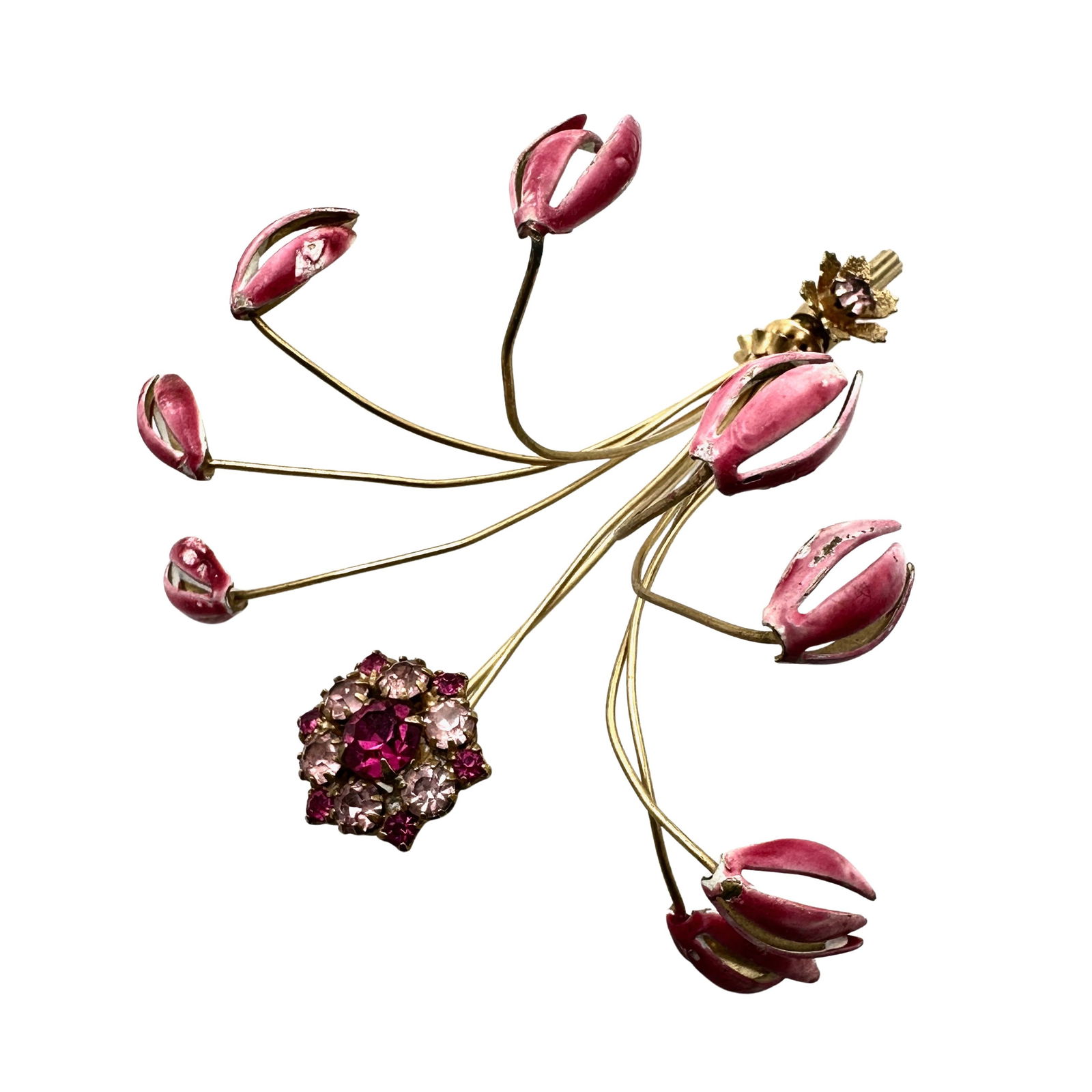 Vintage Pink Enamel Rhinestone Gold Tone Flower Brooch Pin Unique Construction (1 of 2)